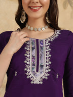 Women's Purple Chanderi Kurta Set with Floral Dupatta, 3/4 Sleeve, Round Neck, 3 Piece