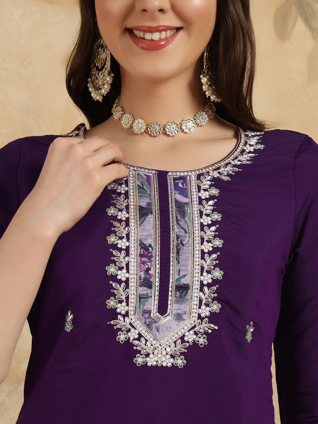 Women's Purple Chanderi Kurta Set with Floral Dupatta, 3/4 Sleeve, Round Neck, 3 Piece