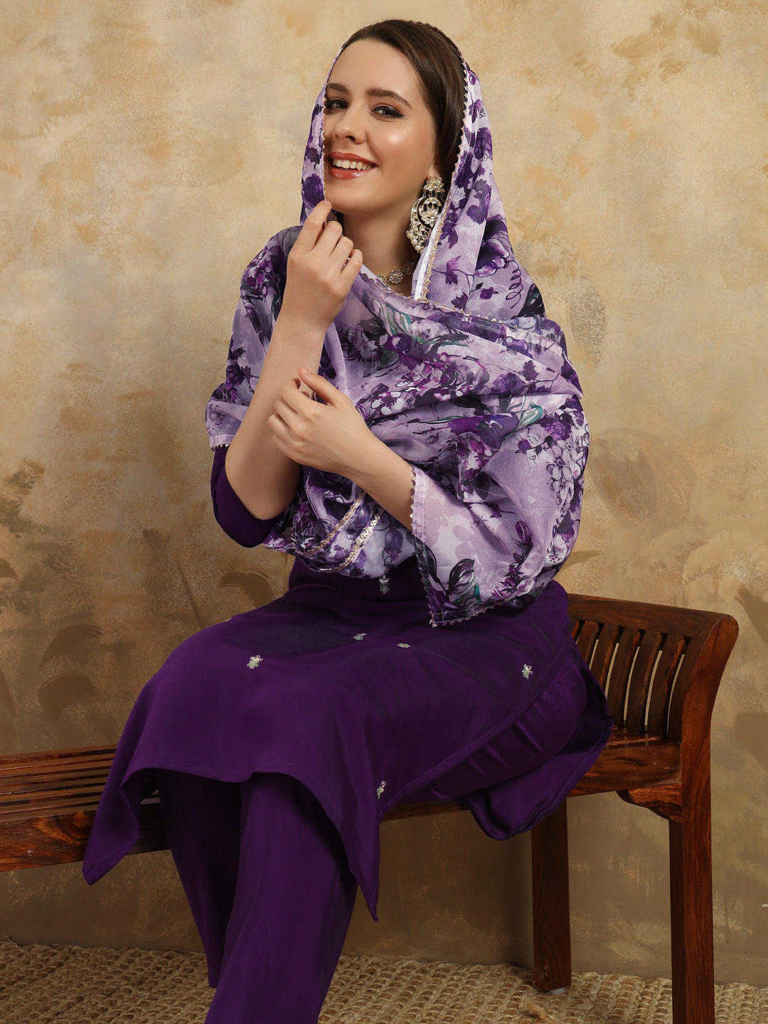 Women's Purple Chanderi Kurta Set with Floral Dupatta, 3/4 Sleeve, Round Neck, 3 Piece
