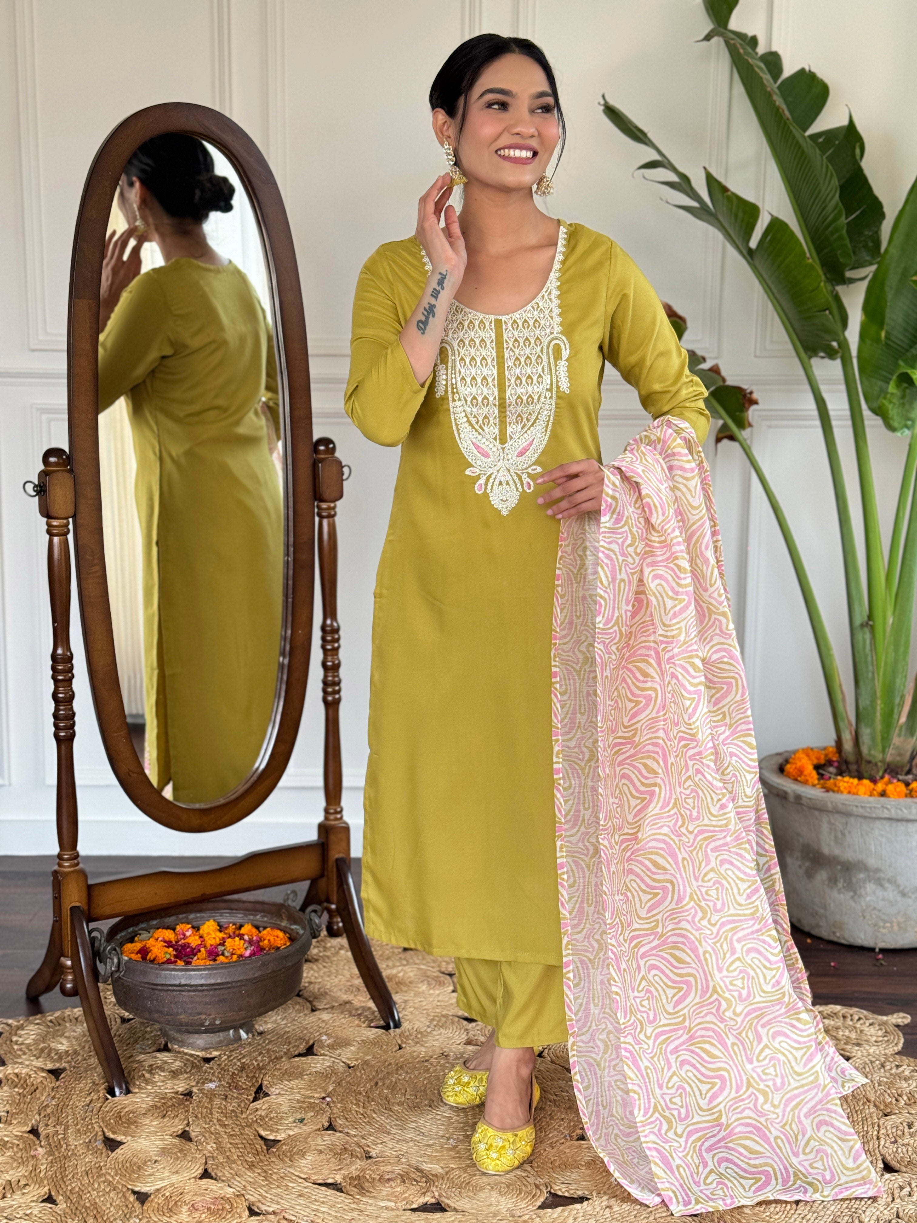 Women's Embroidered Yellow Viscose Slub Kurta Set with Dupatta, V-Neck, 3/4 Sleeve, Regular Fit