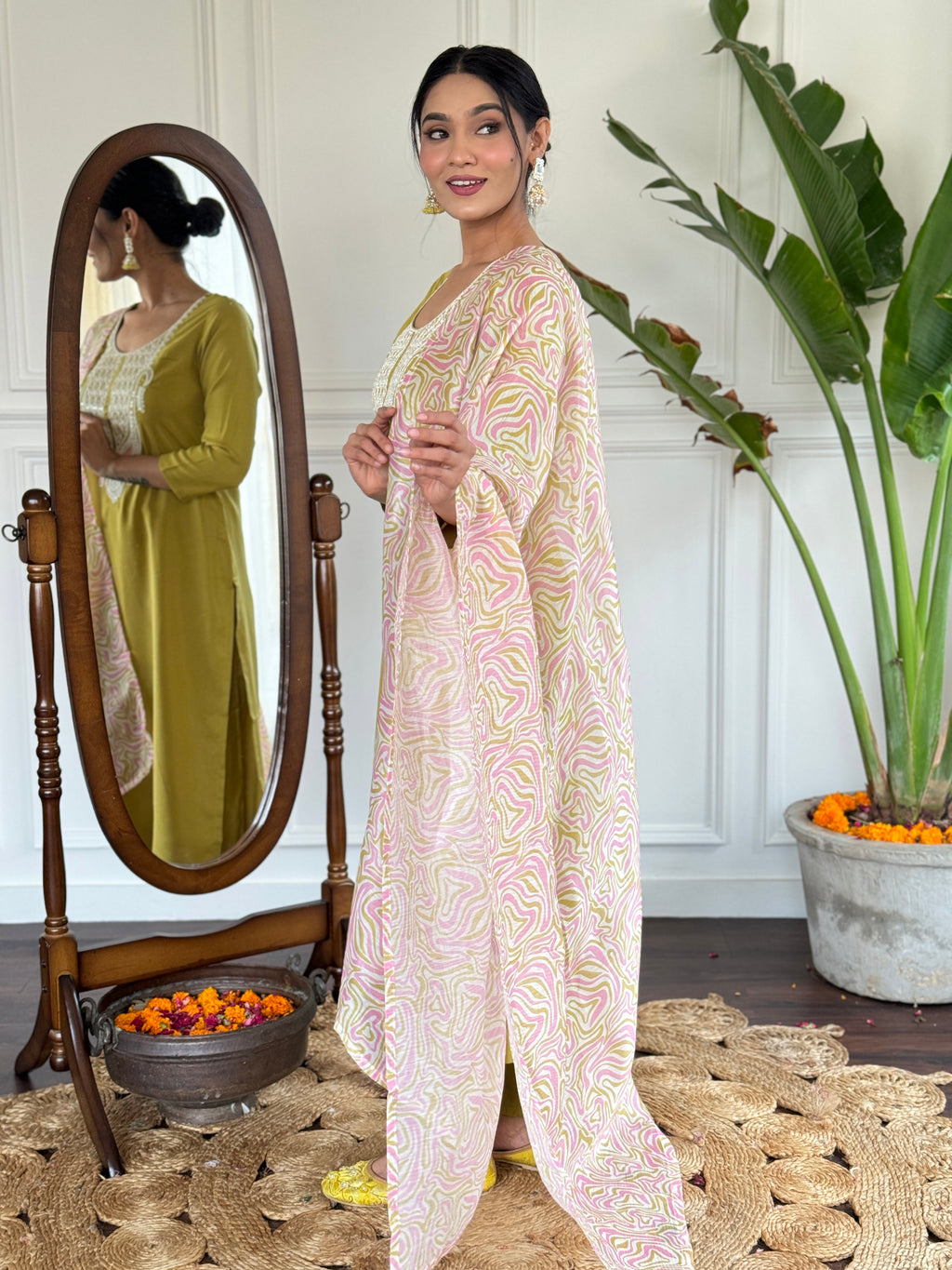 Women's Embroidered Yellow Viscose Slub Kurta Set with Dupatta, V-Neck, 3/4 Sleeve, Regular Fit