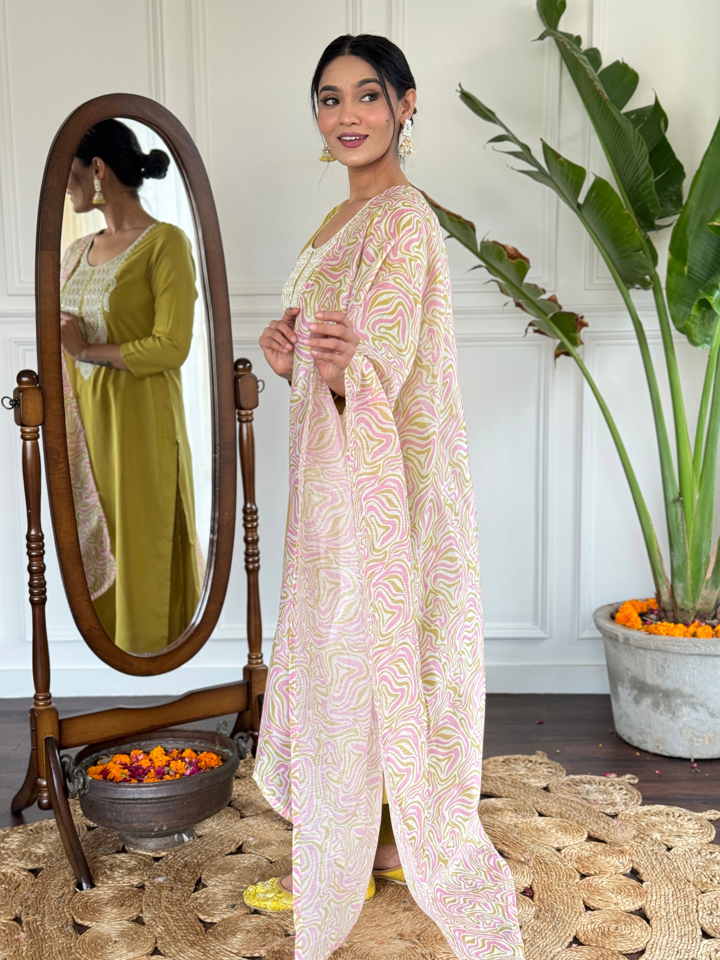 Women's Embroidered Yellow Viscose Slub Kurta Set with Dupatta, V-Neck, 3/4 Sleeve, Regular Fit