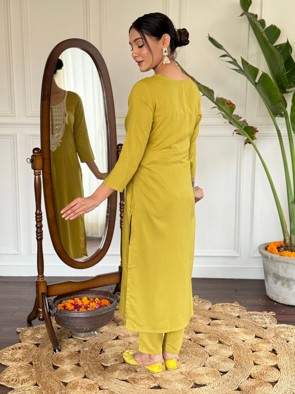 Women's Embroidered Yellow Viscose Slub Kurta Set with Dupatta, V-Neck, 3/4 Sleeve, Regular Fit
