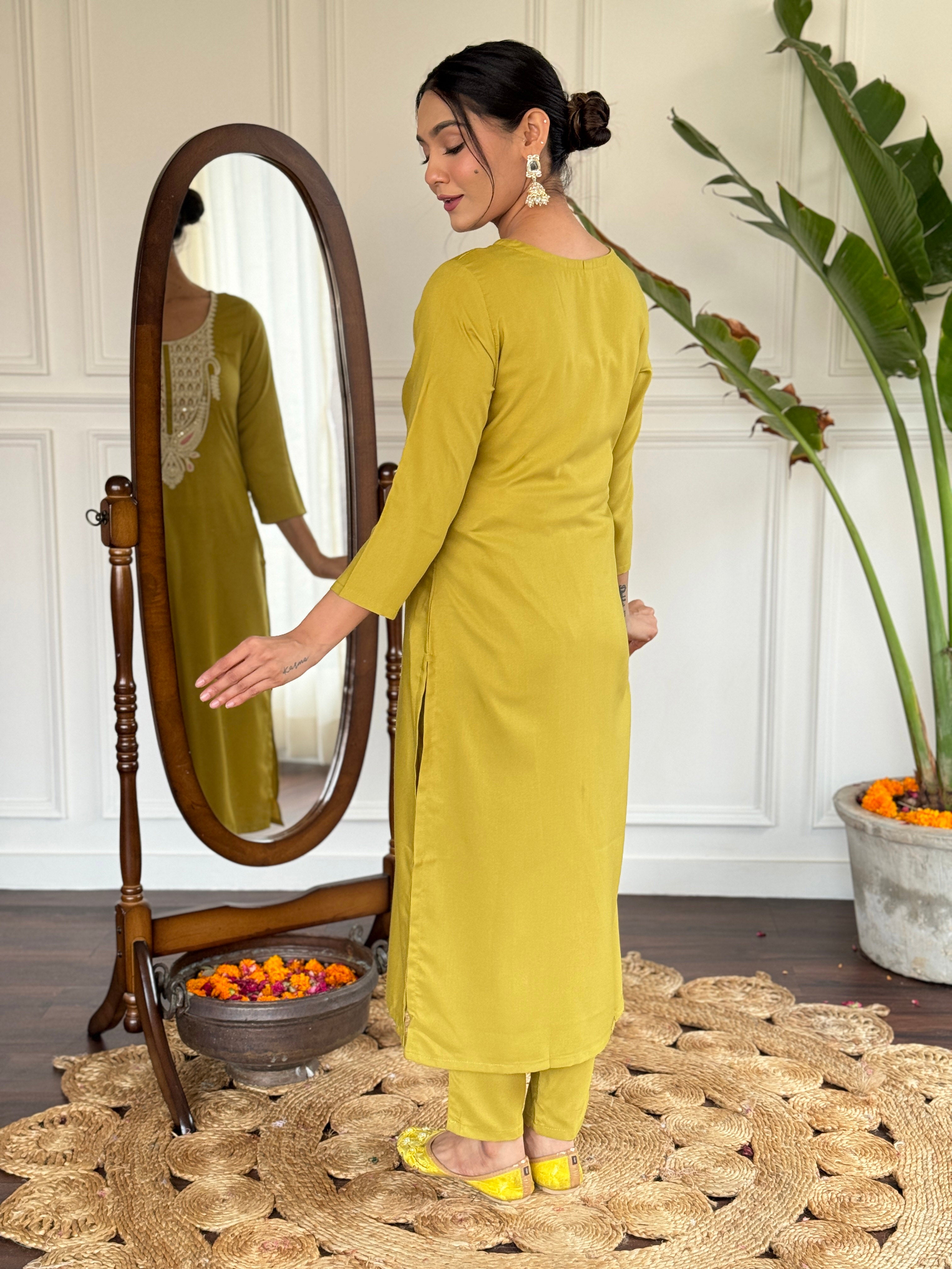 Women's Embroidered Yellow Viscose Slub Kurta Set with Dupatta, V-Neck, 3/4 Sleeve, Regular Fit