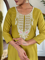 Women's Embroidered Yellow Viscose Slub Kurta Set with Dupatta, V-Neck, 3/4 Sleeve, Regular Fit