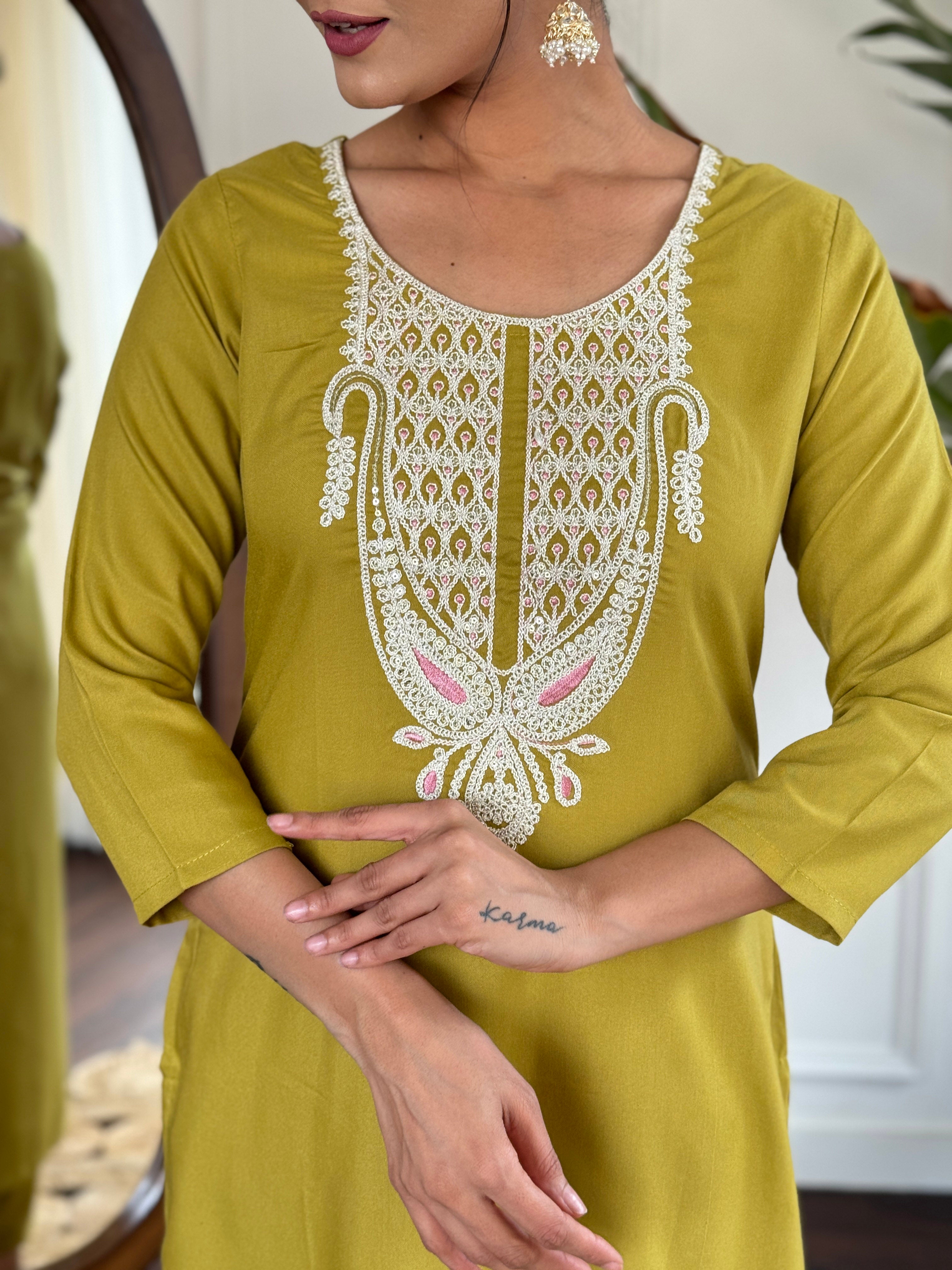 Women's Embroidered Yellow Viscose Slub Kurta Set with Dupatta, V-Neck, 3/4 Sleeve, Regular Fit