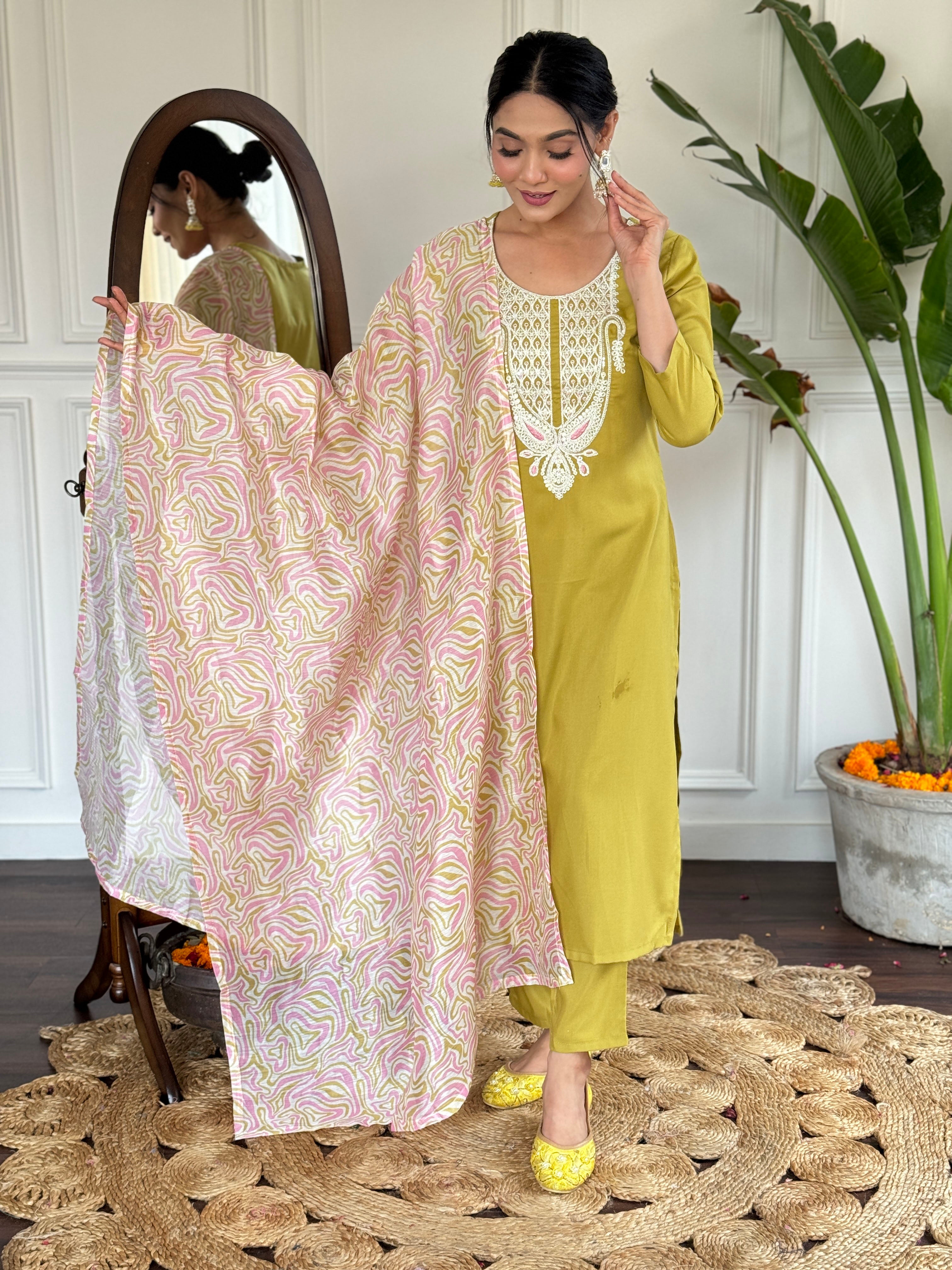 Women's Embroidered Yellow Viscose Slub Kurta Set with Dupatta, V-Neck, 3/4 Sleeve, Regular Fit