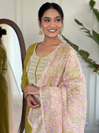 Women's Embroidered Yellow Viscose Slub Kurta Set with Dupatta, V-Neck, 3/4 Sleeve, Regular Fit