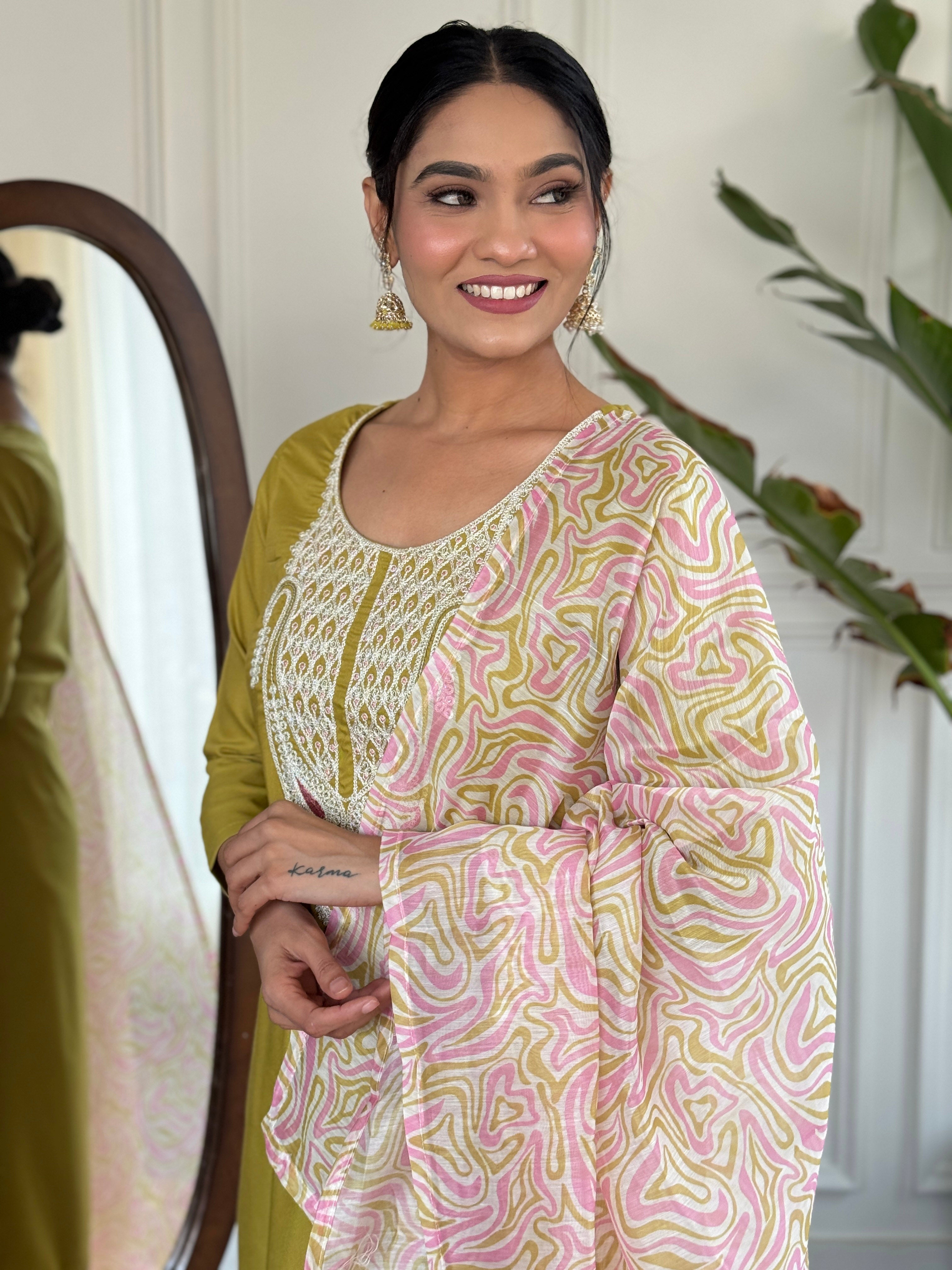 Women's Embroidered Yellow Viscose Slub Kurta Set with Dupatta, V-Neck, 3/4 Sleeve, Regular Fit