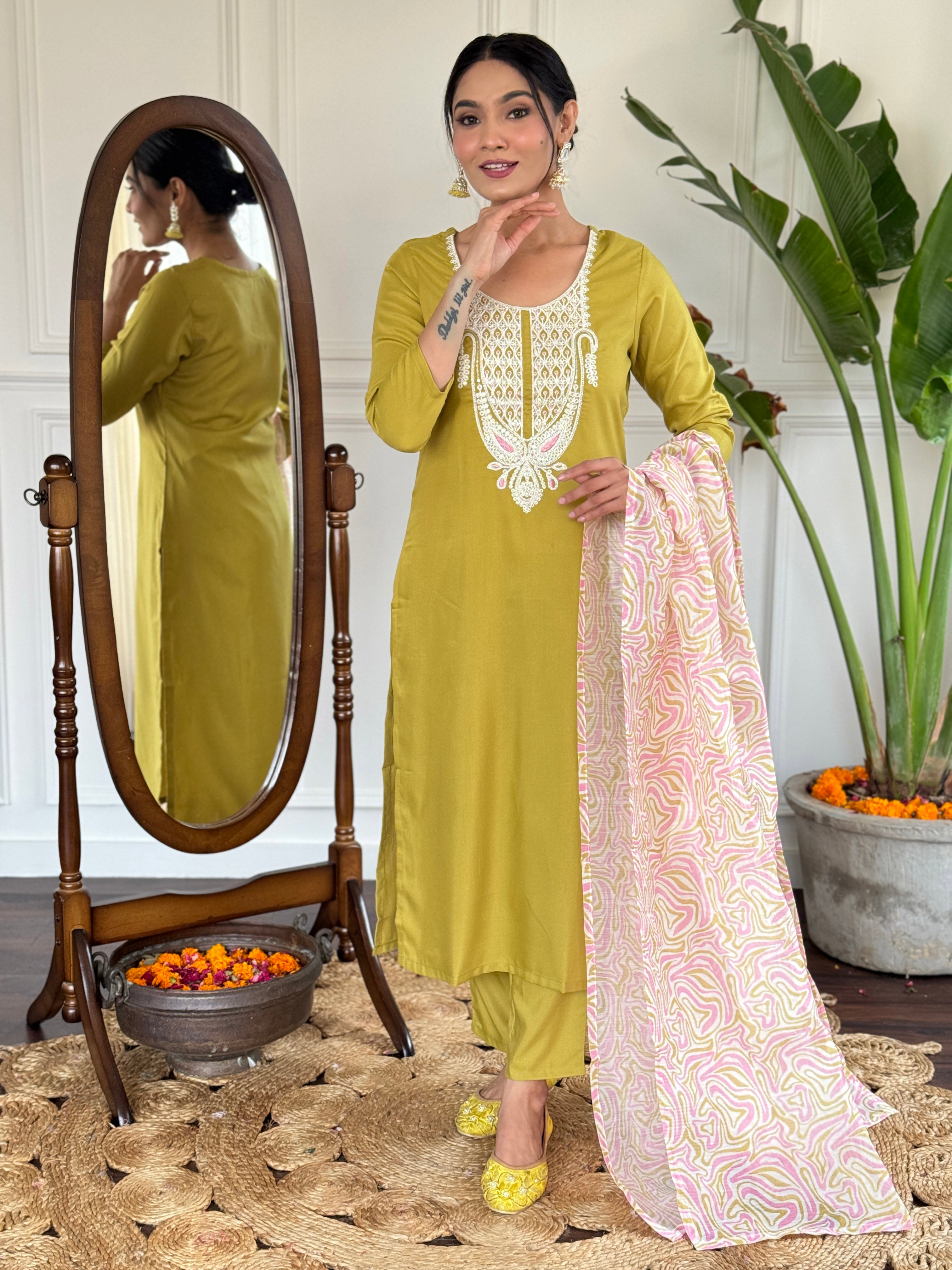 Women's Embroidered Yellow Viscose Slub Kurta Set with Dupatta, V-Neck, 3/4 Sleeve, Regular Fit