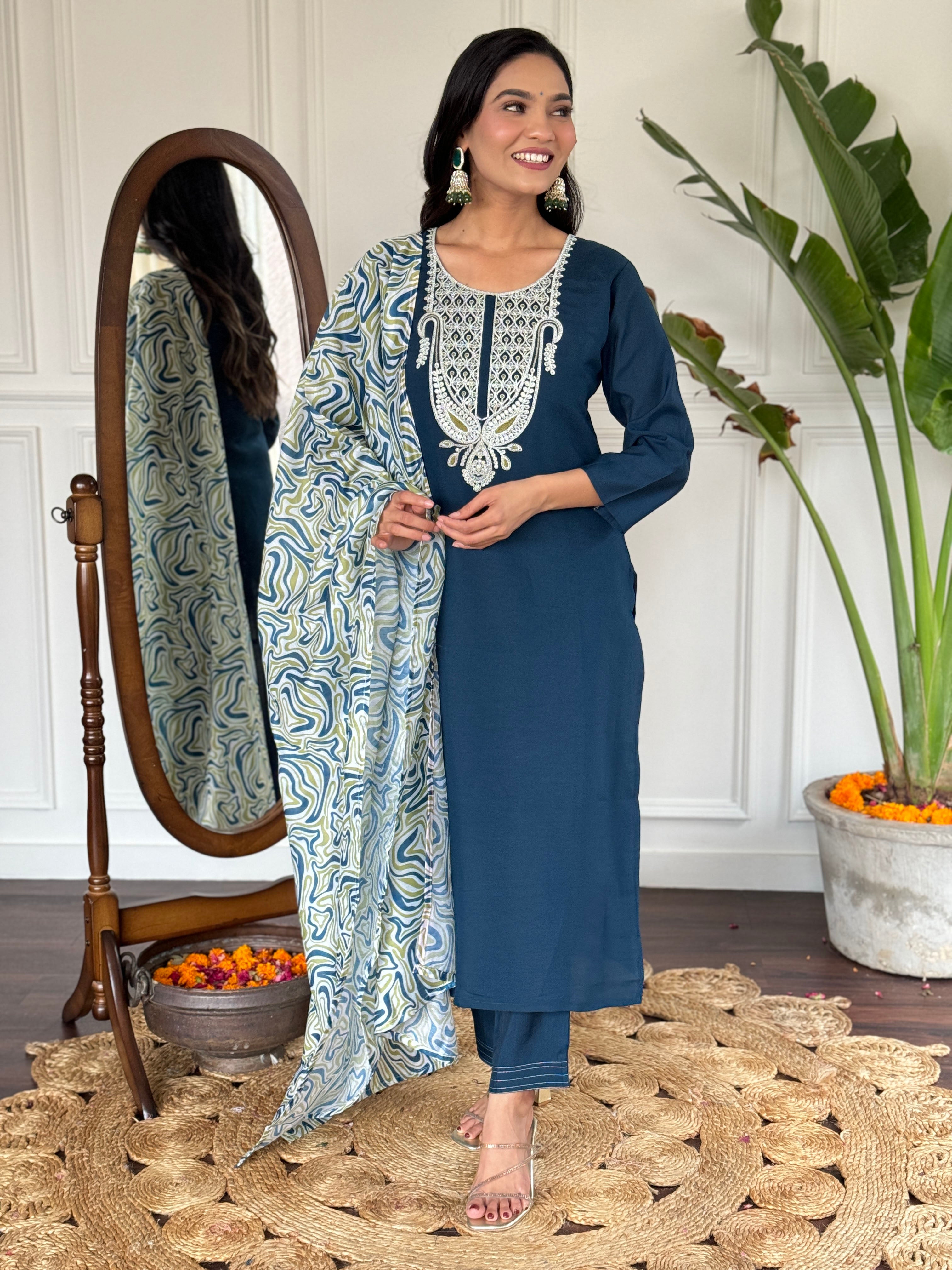 Women's Embroidered Blue  Viscose Slub Kurta Set with Dupatta, V-Neck, 3/4 Sleeve, Regular Fit