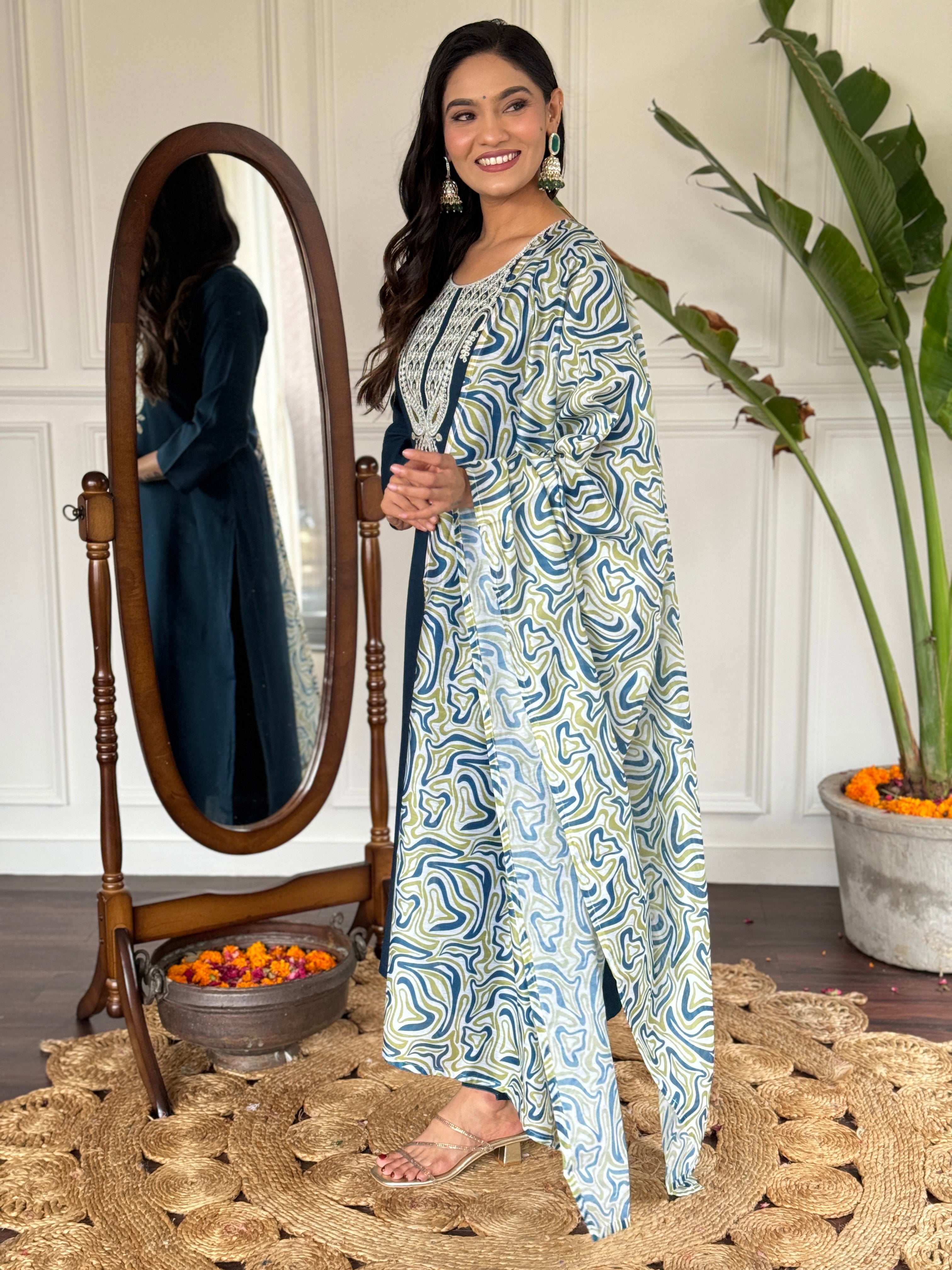 Women's Embroidered Blue  Viscose Slub Kurta Set with Dupatta, V-Neck, 3/4 Sleeve, Regular Fit