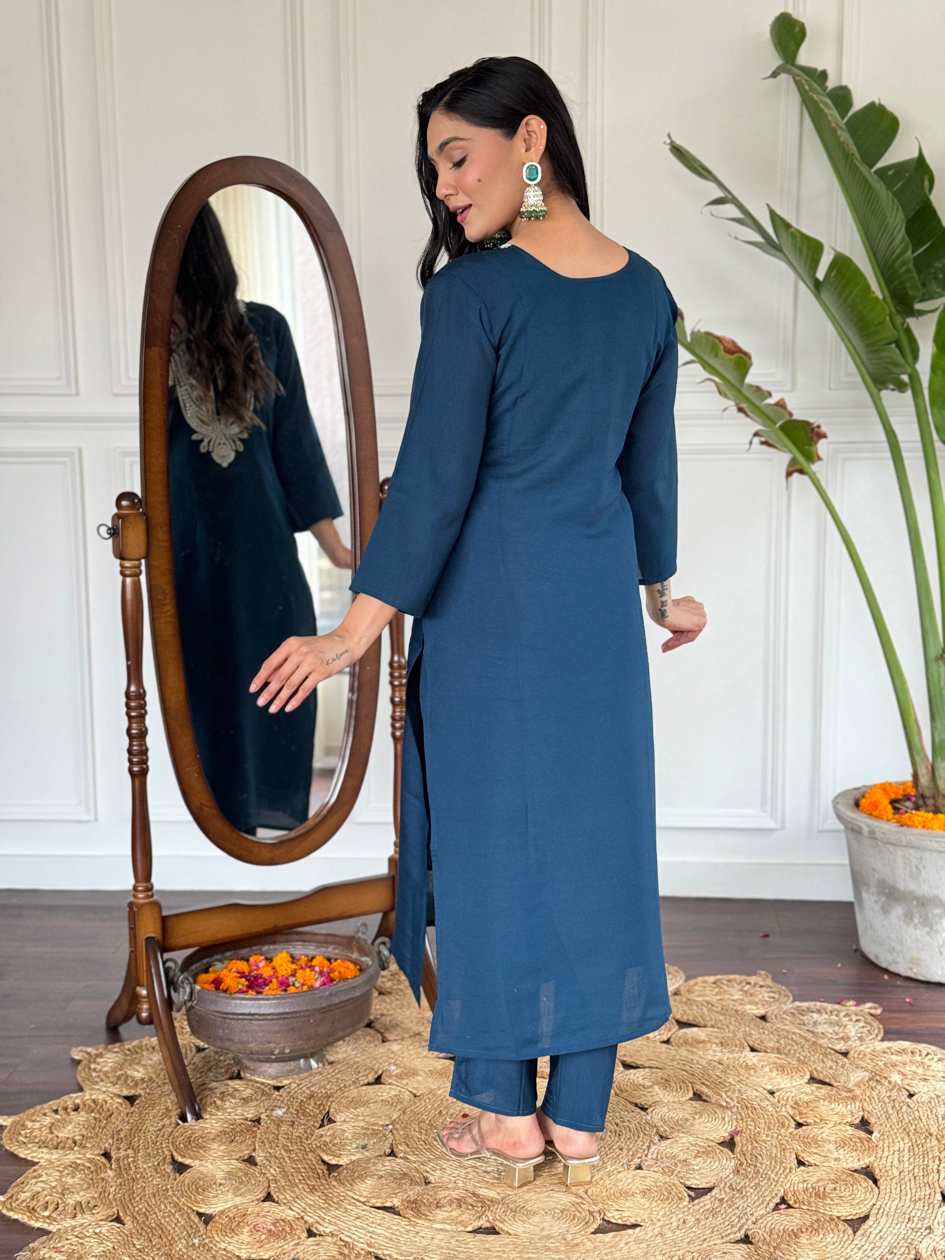 Women's Embroidered Blue  Viscose Slub Kurta Set with Dupatta, V-Neck, 3/4 Sleeve, Regular Fit