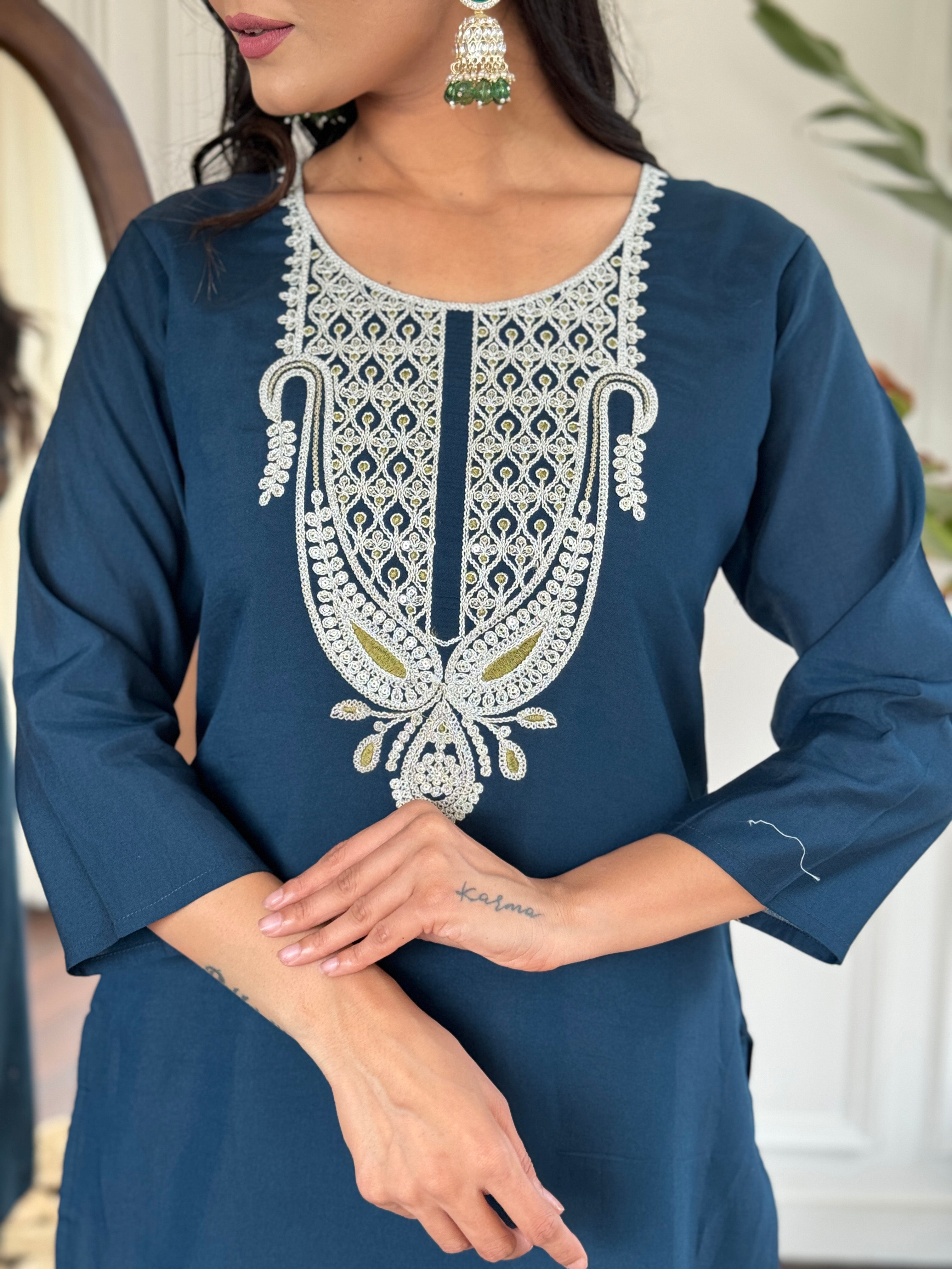 Women's Embroidered Blue  Viscose Slub Kurta Set with Dupatta, V-Neck, 3/4 Sleeve, Regular Fit