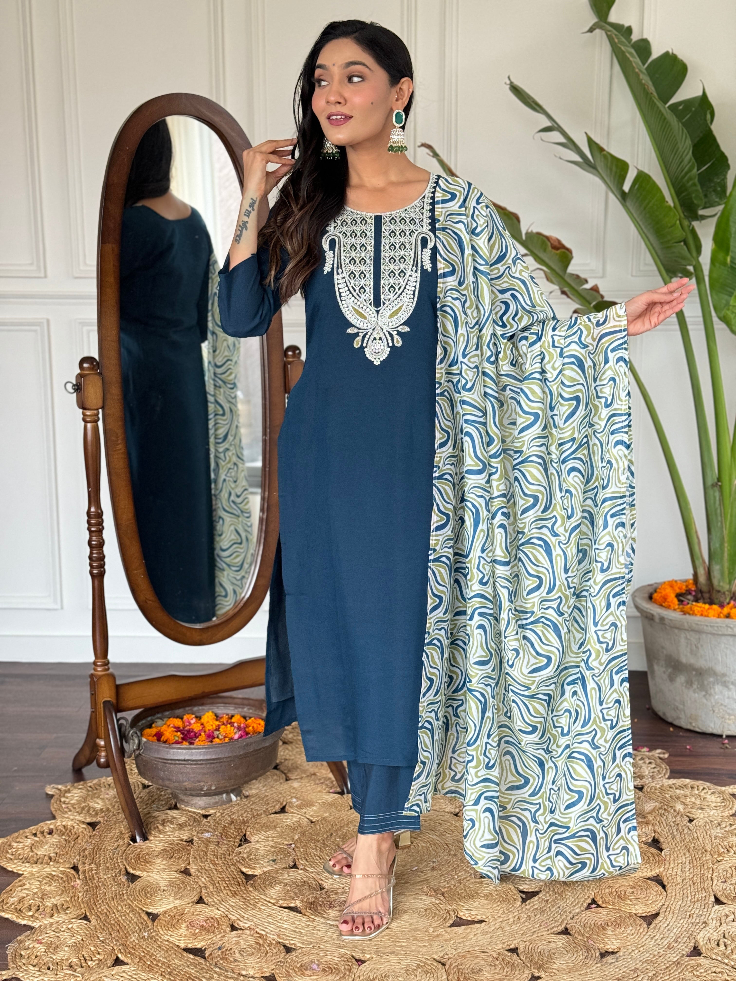 Women's Embroidered Blue  Viscose Slub Kurta Set with Dupatta, V-Neck, 3/4 Sleeve, Regular Fit