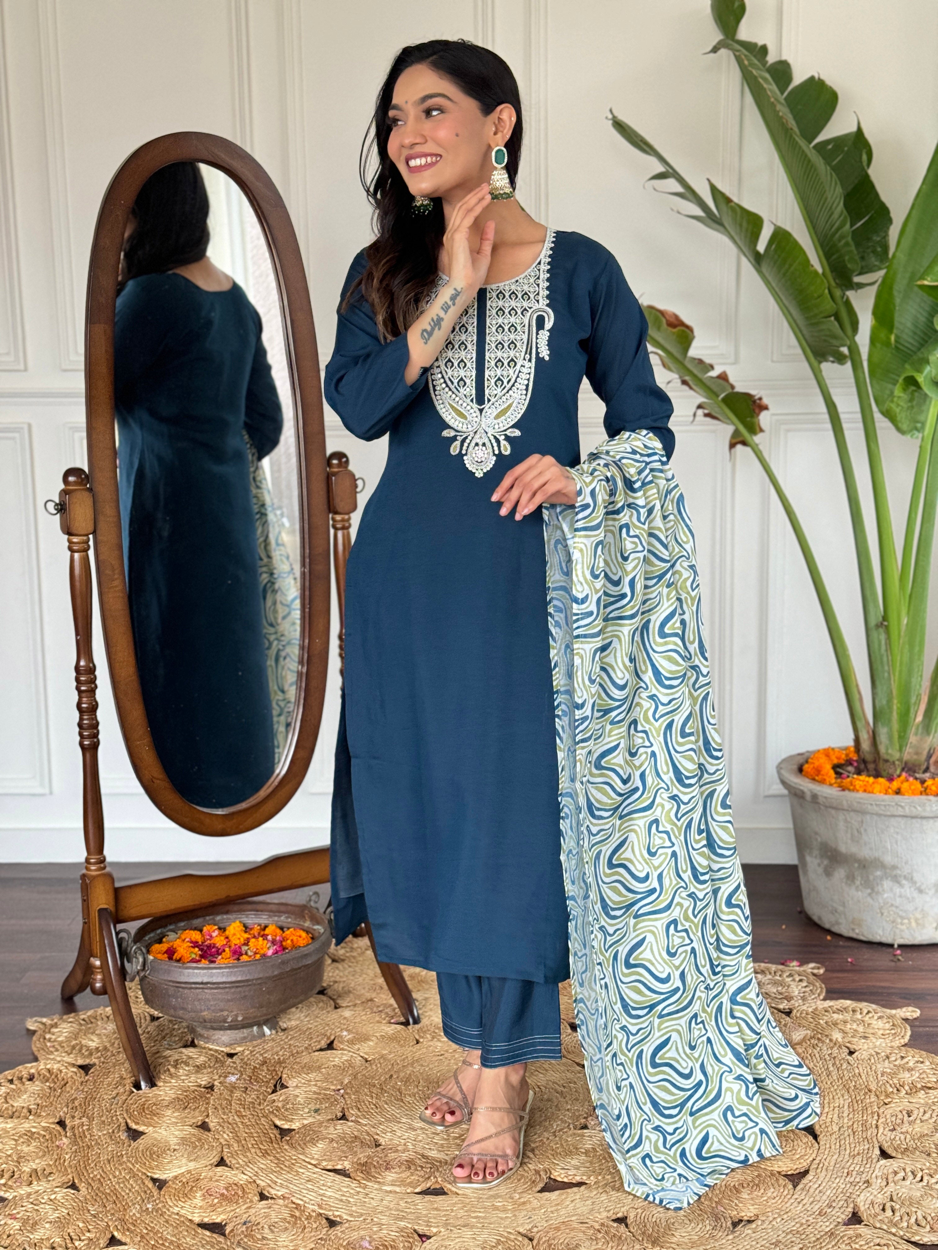 Women's Embroidered Blue  Viscose Slub Kurta Set with Dupatta, V-Neck, 3/4 Sleeve, Regular Fit