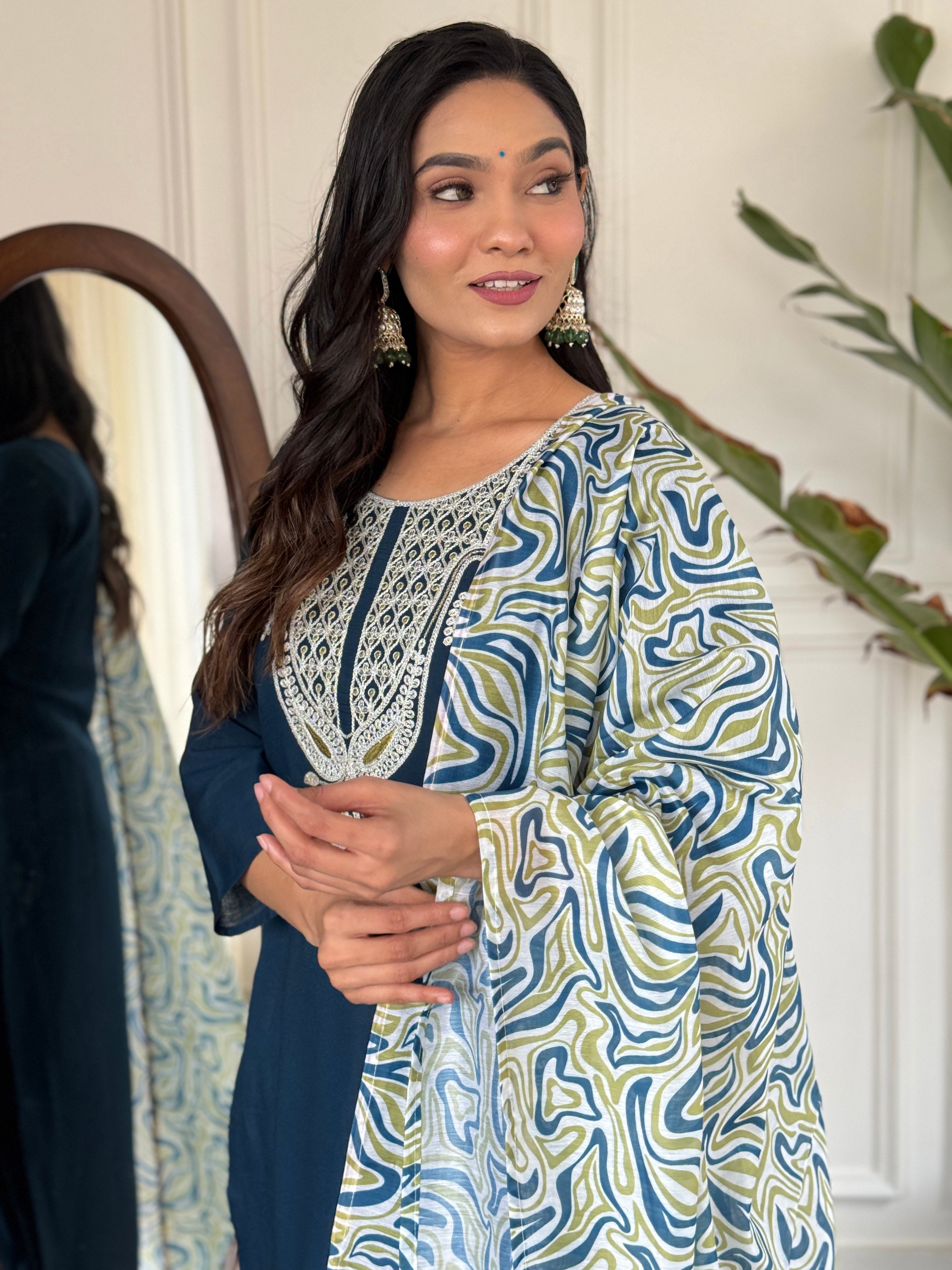 Women's Embroidered Blue  Viscose Slub Kurta Set with Dupatta, V-Neck, 3/4 Sleeve, Regular Fit
