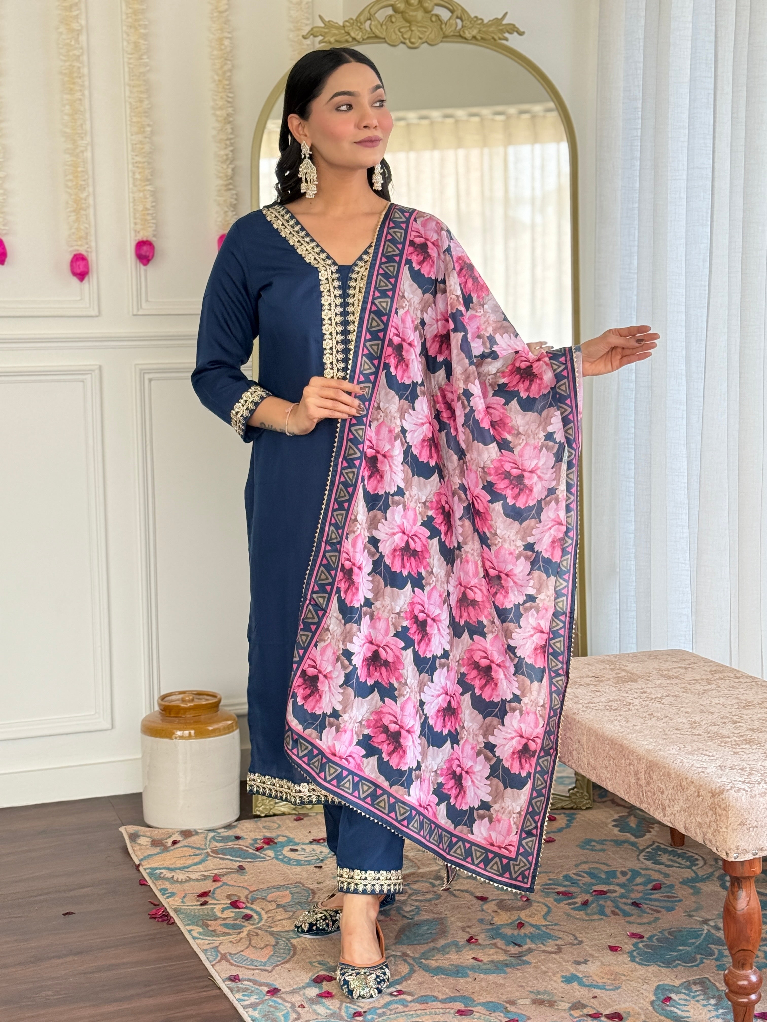 Women's Embroidered Navy Viscose Slub Kurta Set with Floral Dupatta, V-Neck, 3/4 Sleeve, Regular Fit