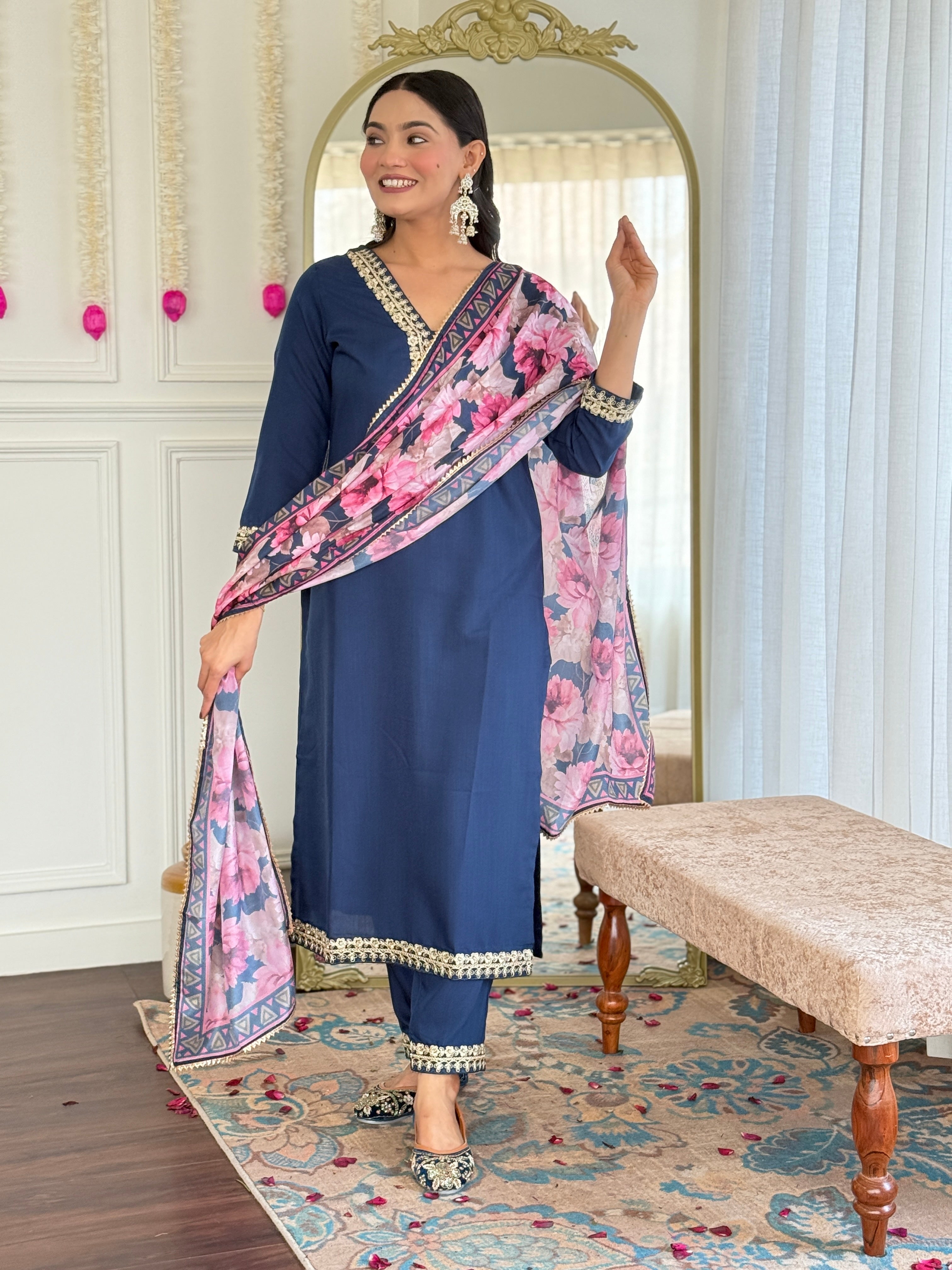 Women's Embroidered Navy Viscose Slub Kurta Set with Floral Dupatta, V-Neck, 3/4 Sleeve, Regular Fit