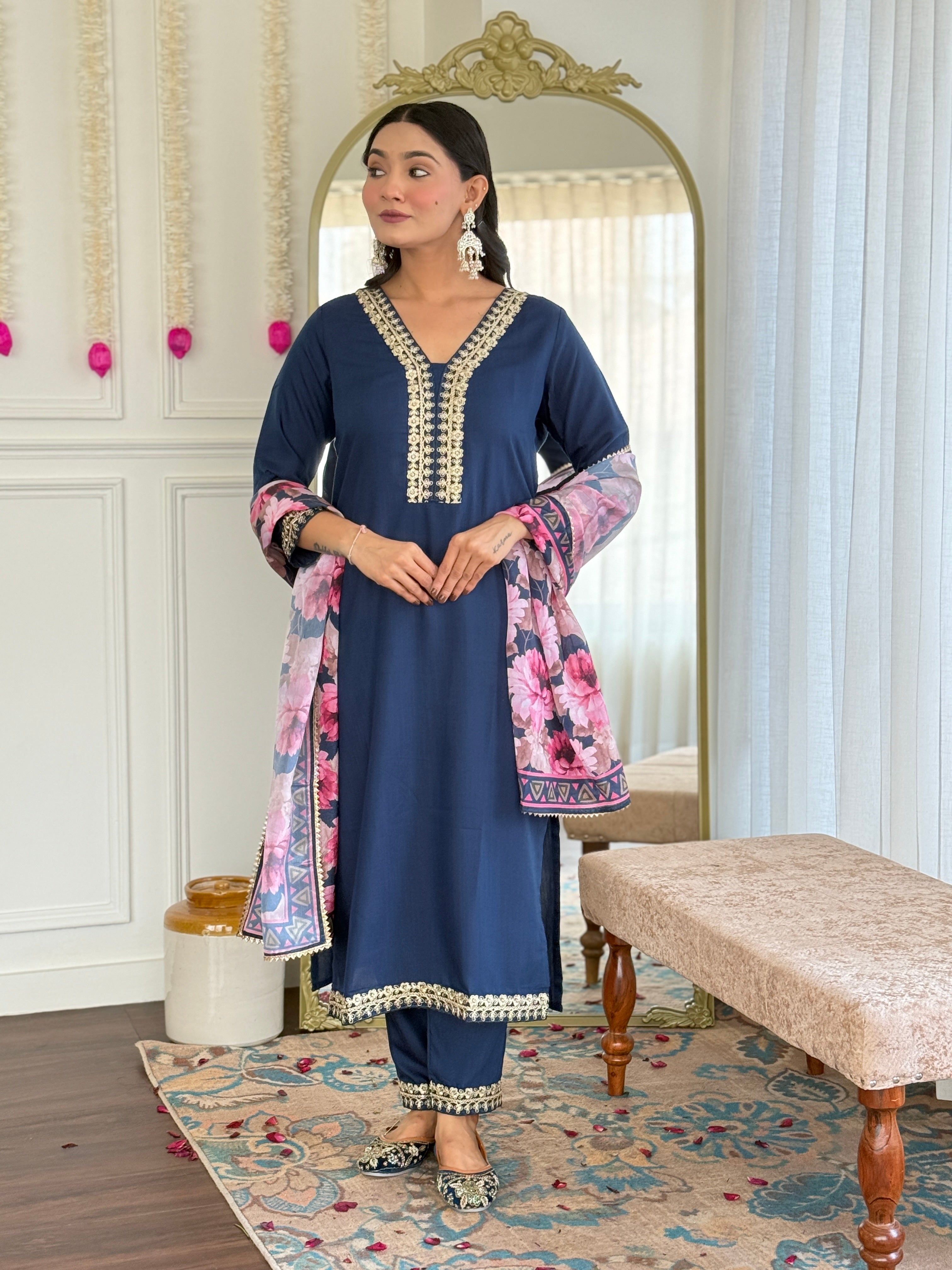 Women's Embroidered Navy Viscose Slub Kurta Set with Floral Dupatta, V-Neck, 3/4 Sleeve, Regular Fit