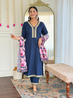 Women's Embroidered Navy Viscose Slub Kurta Set with Floral Dupatta, V-Neck, 3/4 Sleeve, Regular Fit