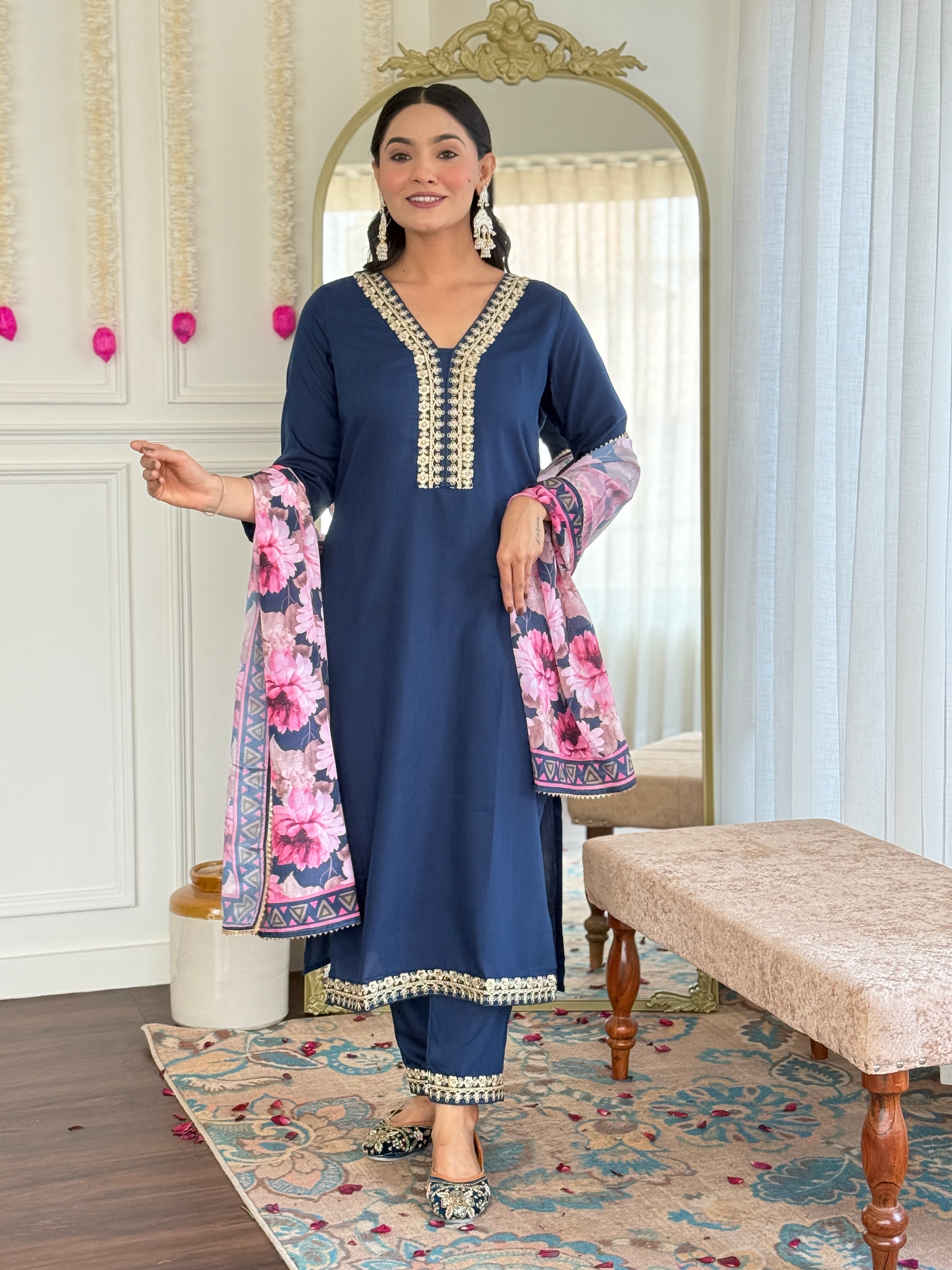 Women's Embroidered Navy Viscose Slub Kurta Set with Floral Dupatta, V-Neck, 3/4 Sleeve, Regular Fit