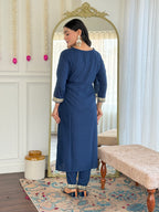 Women's Embroidered Navy Viscose Slub Kurta Set with Floral Dupatta, V-Neck, 3/4 Sleeve, Regular Fit