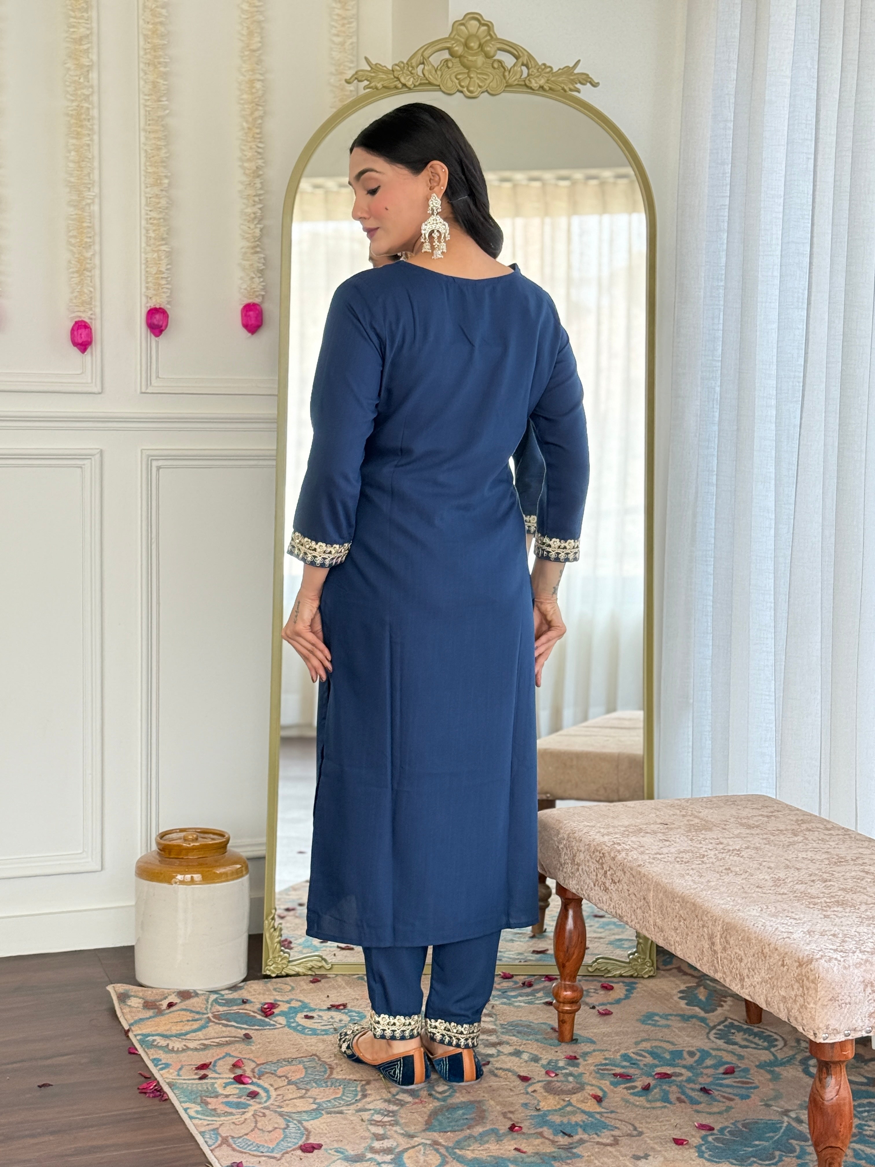 Women's Embroidered Navy Viscose Slub Kurta Set with Floral Dupatta, V-Neck, 3/4 Sleeve, Regular Fit
