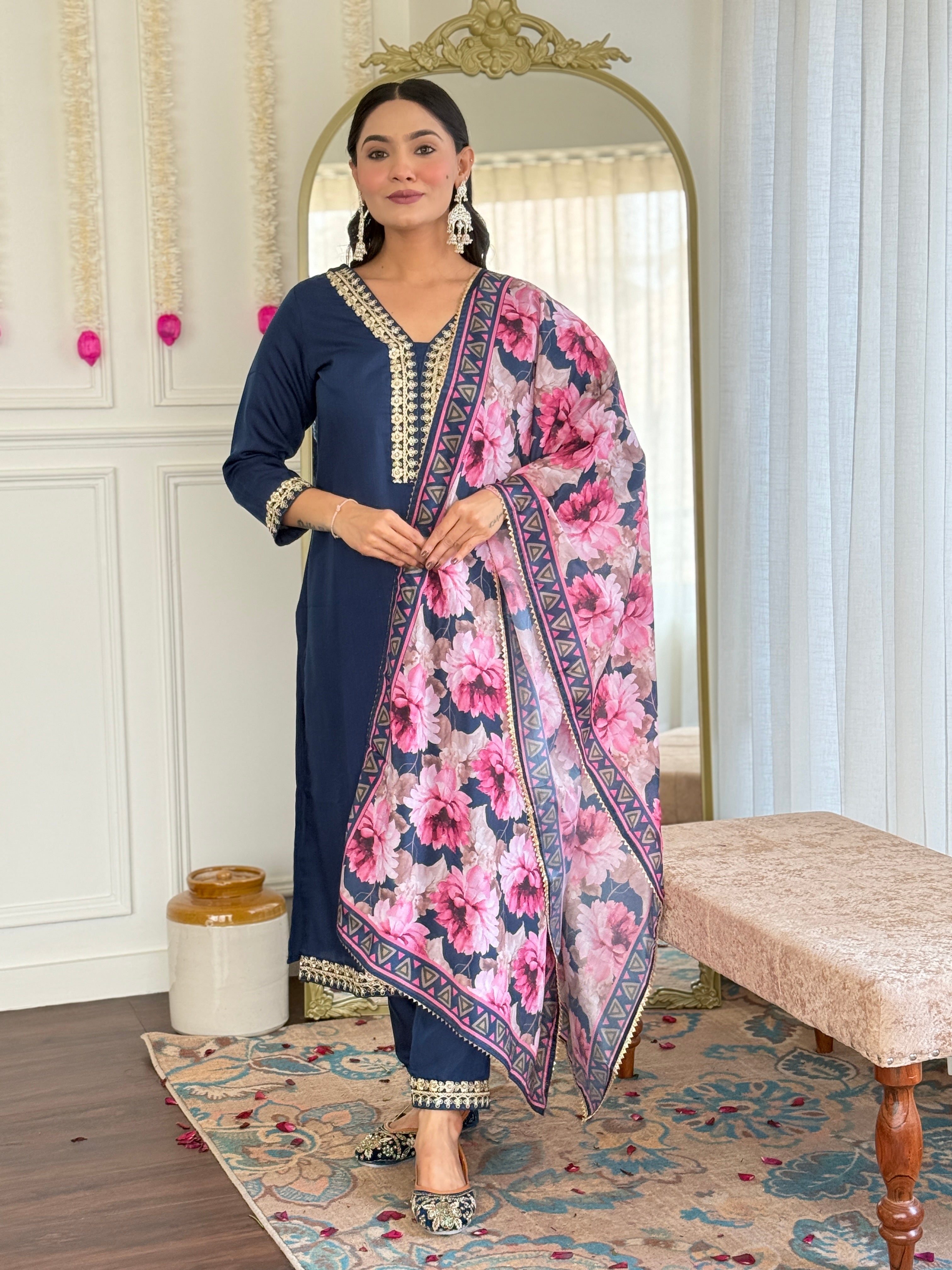 Women's Embroidered Navy Viscose Slub Kurta Set with Floral Dupatta, V-Neck, 3/4 Sleeve, Regular Fit
