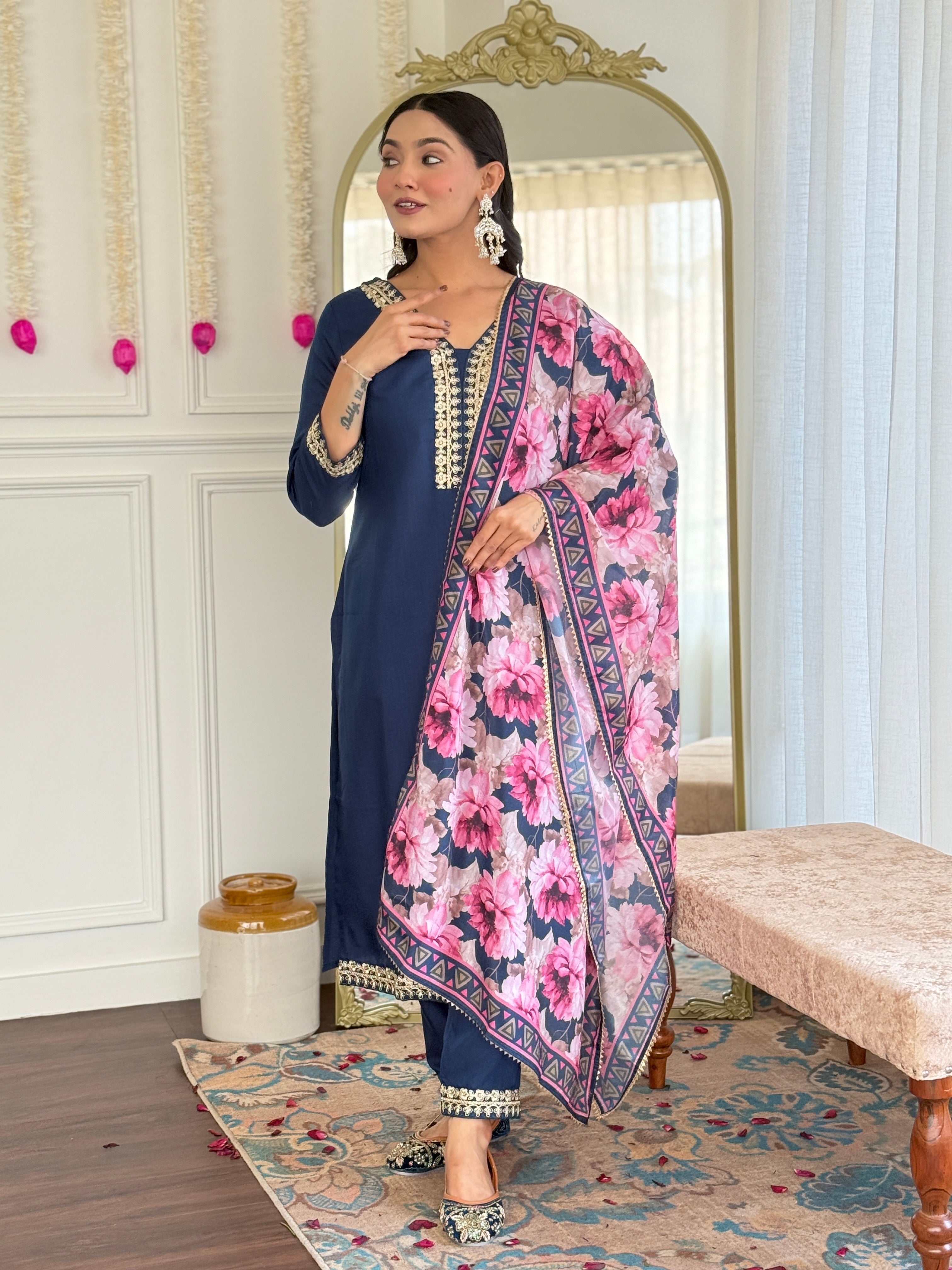 Women's Embroidered Navy Viscose Slub Kurta Set with Floral Dupatta, V-Neck, 3/4 Sleeve, Regular Fit