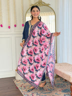 Women's Embroidered Navy Viscose Slub Kurta Set with Floral Dupatta, V-Neck, 3/4 Sleeve, Regular Fit