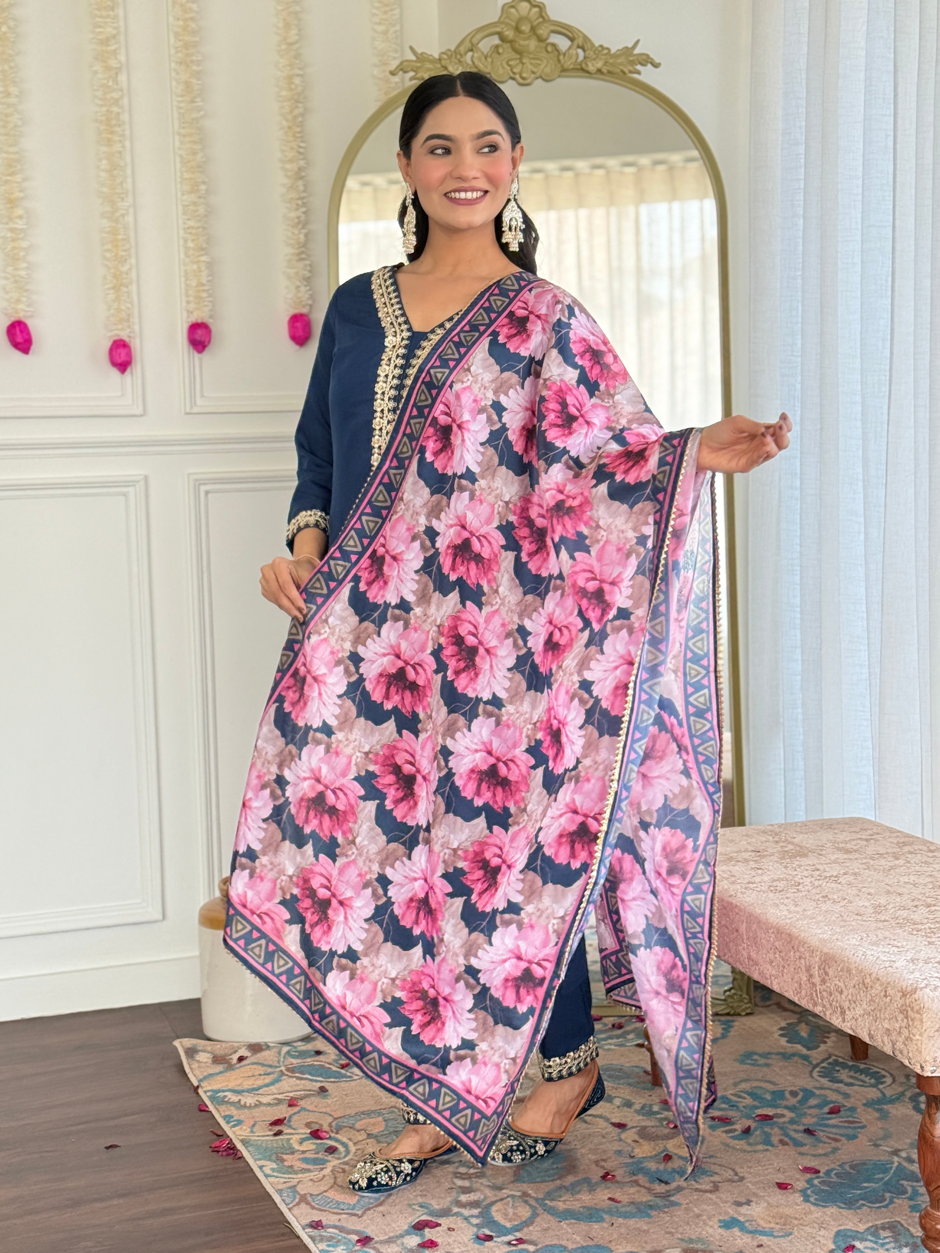 Women's Embroidered Navy Viscose Slub Kurta Set with Floral Dupatta, V-Neck, 3/4 Sleeve, Regular Fit