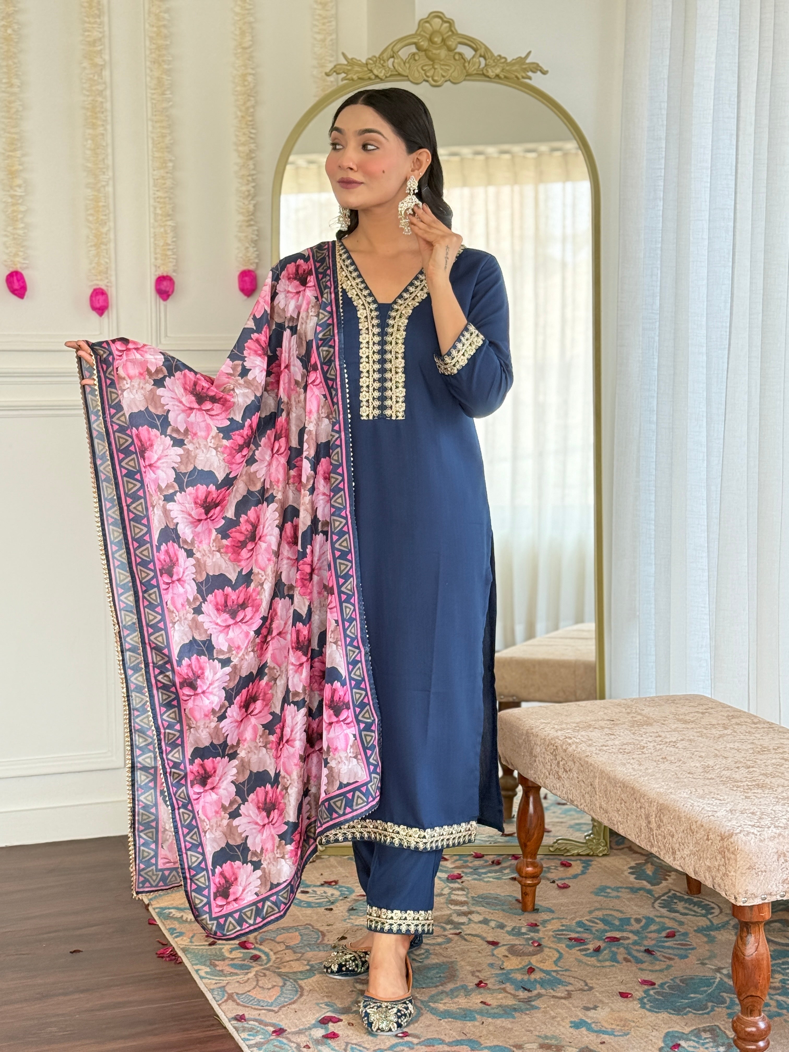 Women's Embroidered Navy Viscose Slub Kurta Set with Floral Dupatta, V-Neck, 3/4 Sleeve, Regular Fit