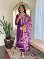 Women's Embroidered  Purple Viscose Slub Kurta Set with Floral Dupatta, V-Neck, 3/4 Sleeve, Regular Fit