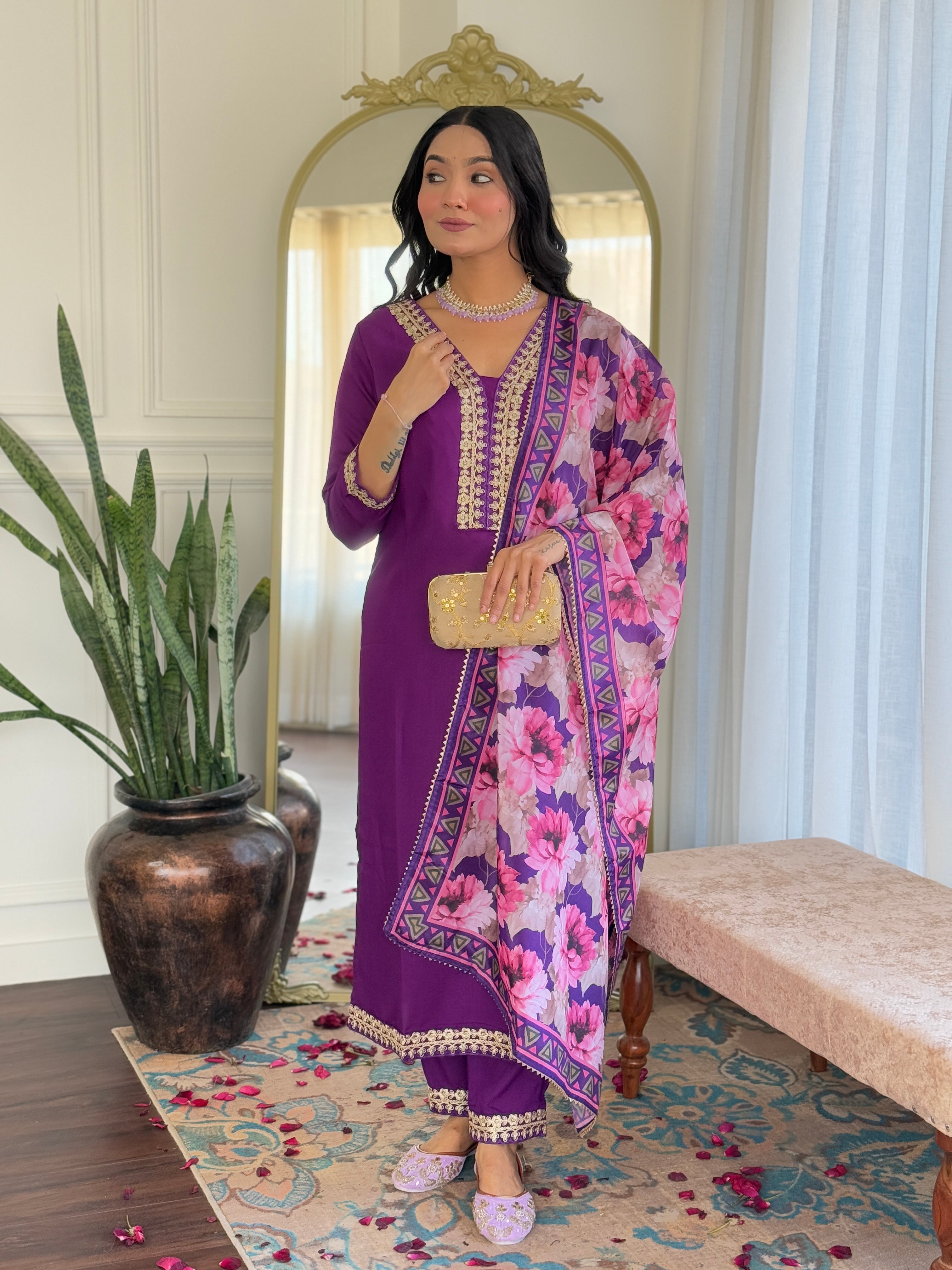 Women's Embroidered  Purple Viscose Slub Kurta Set with Floral Dupatta, V-Neck, 3/4 Sleeve, Regular Fit