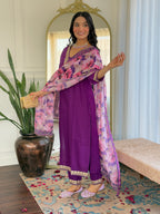Women's Embroidered  Purple Viscose Slub Kurta Set with Floral Dupatta, V-Neck, 3/4 Sleeve, Regular Fit