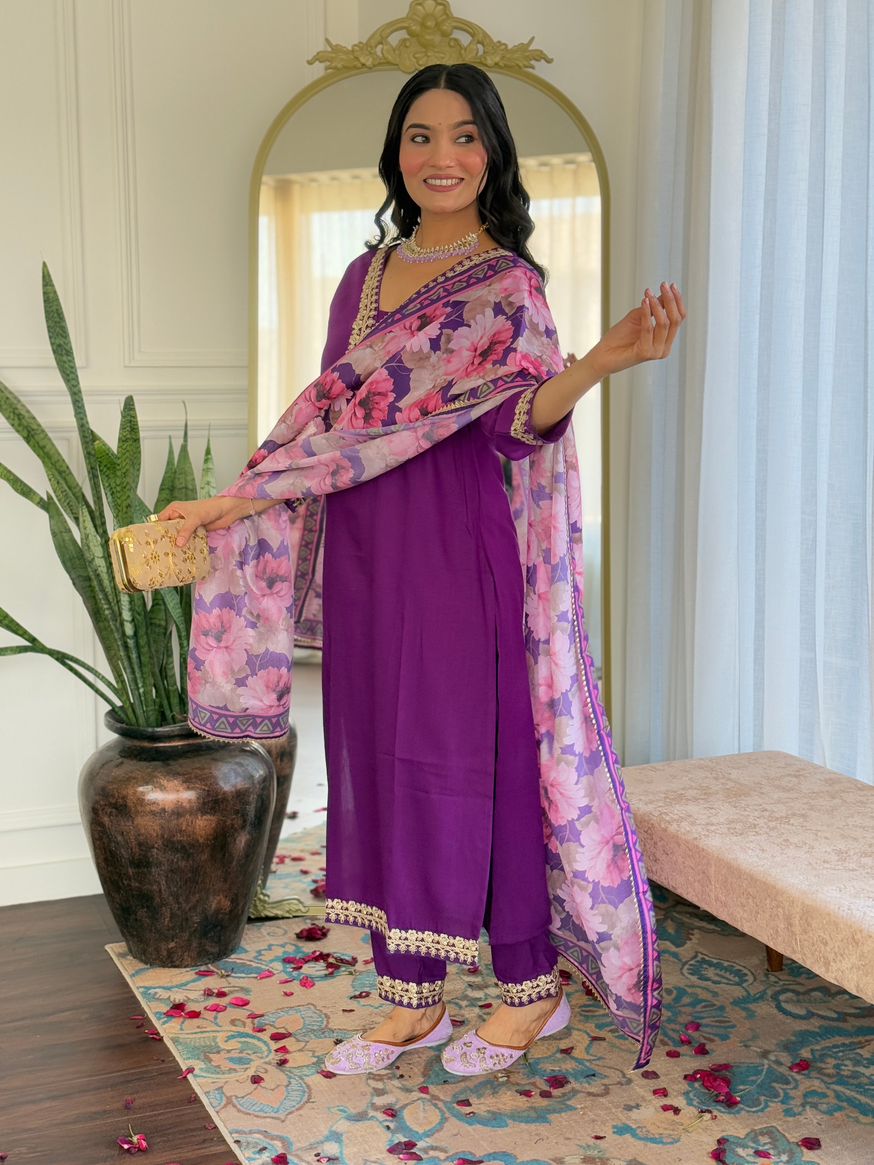 Women's Embroidered  Purple Viscose Slub Kurta Set with Floral Dupatta, V-Neck, 3/4 Sleeve, Regular Fit