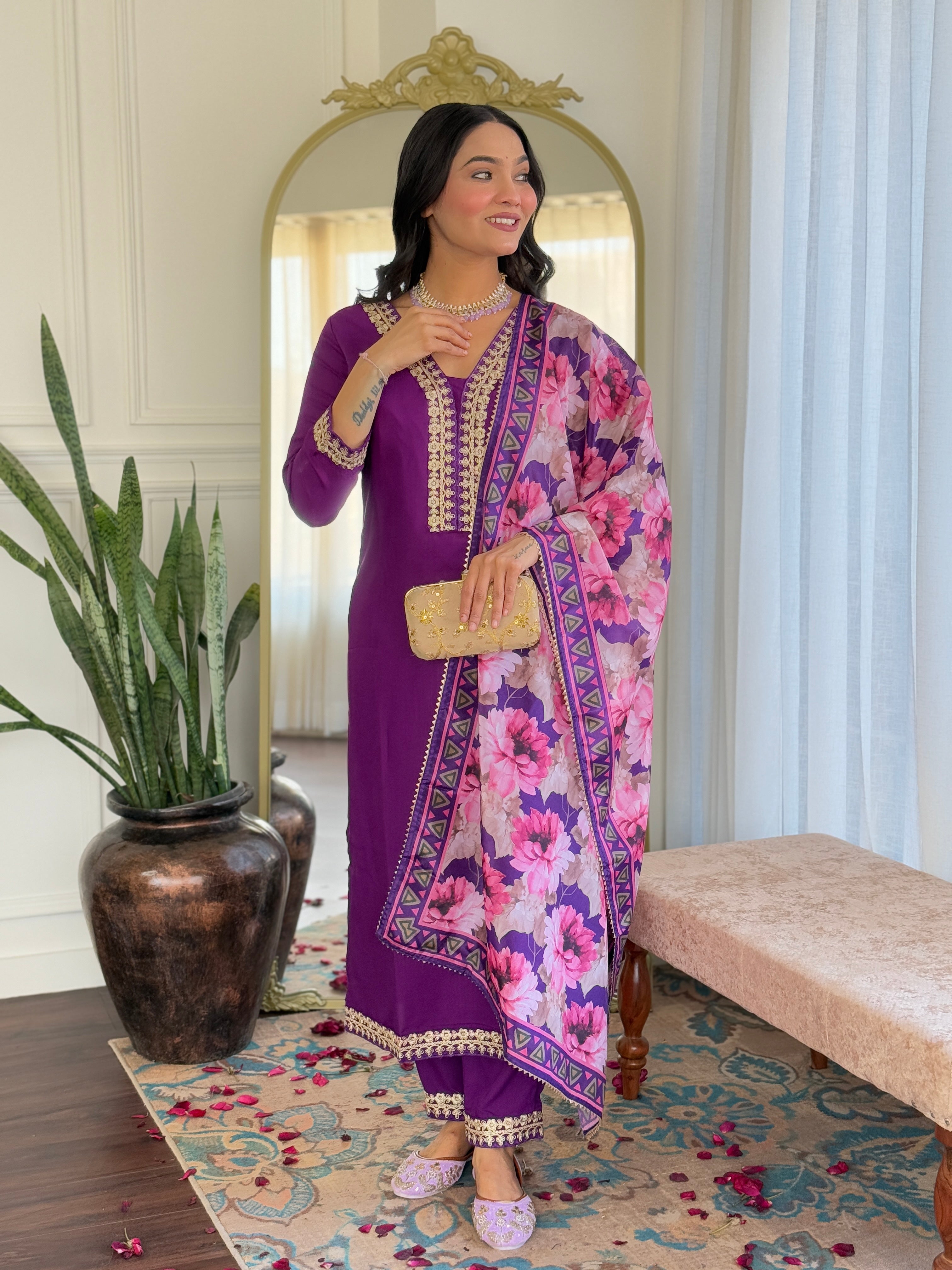Women's Embroidered  Purple Viscose Slub Kurta Set with Floral Dupatta, V-Neck, 3/4 Sleeve, Regular Fit