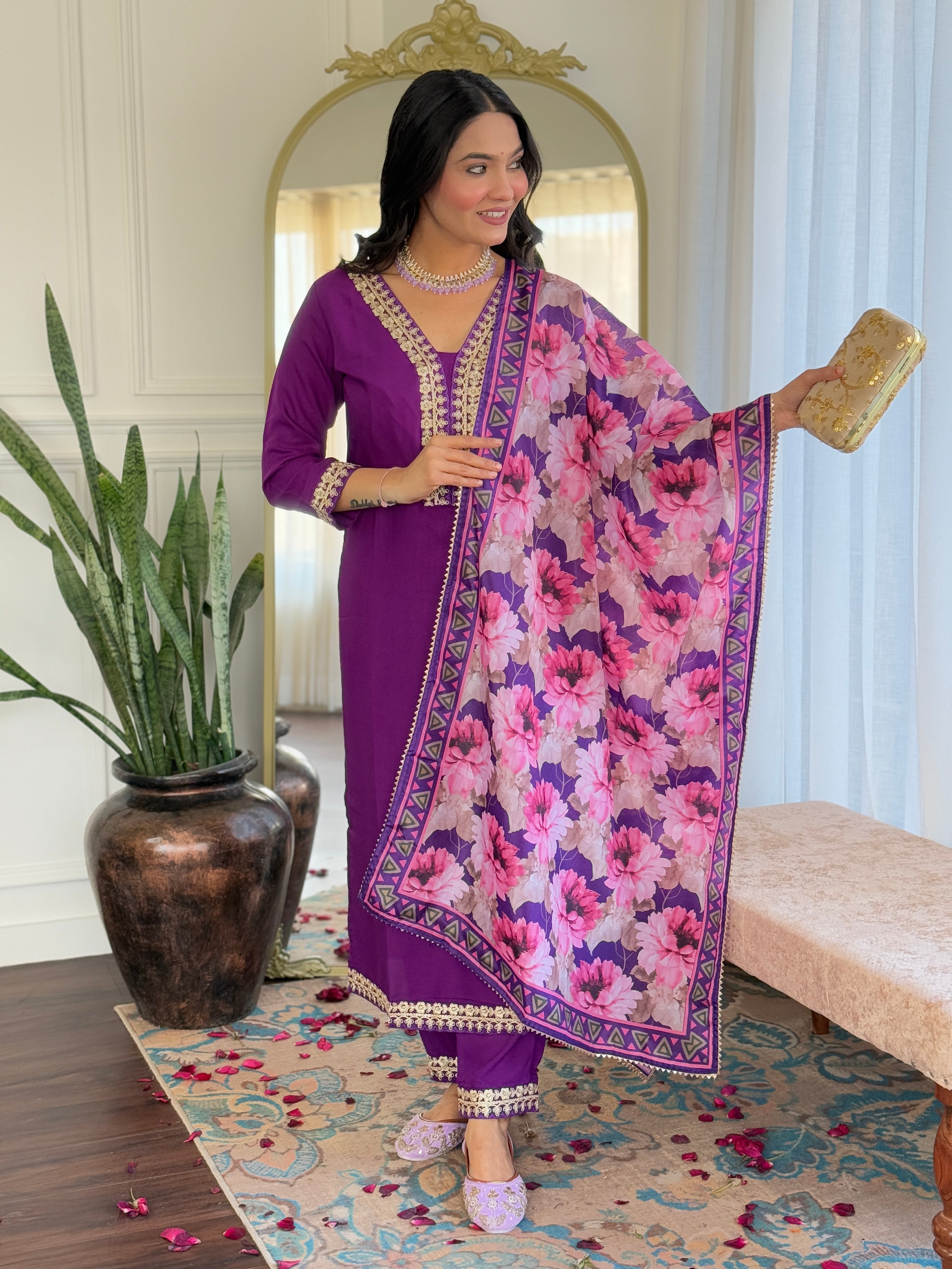 Women's Embroidered  Purple Viscose Slub Kurta Set with Floral Dupatta, V-Neck, 3/4 Sleeve, Regular Fit