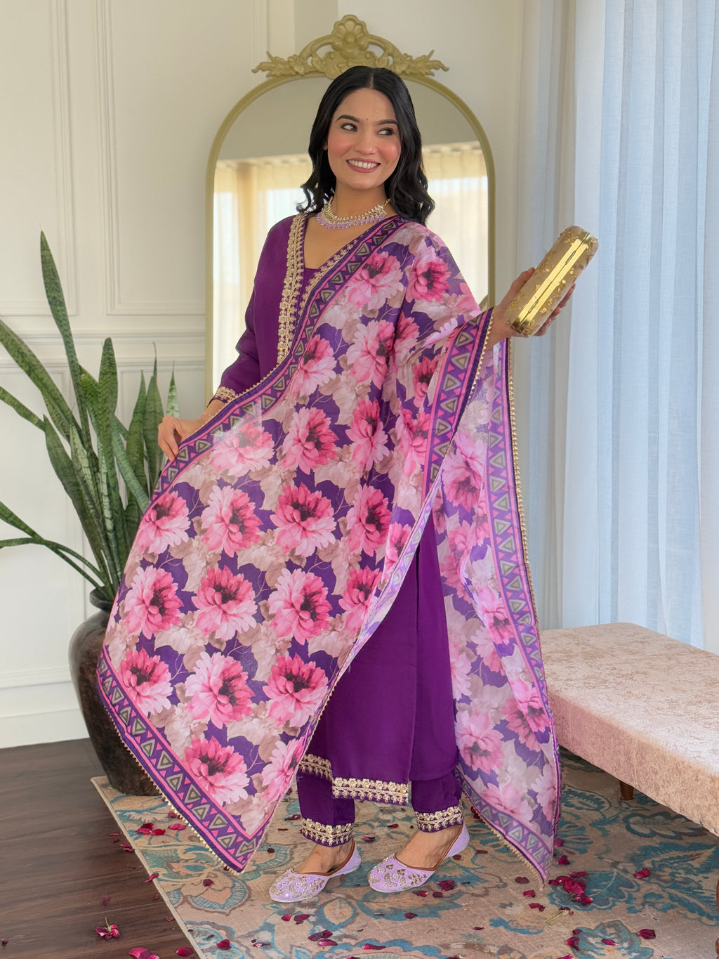 Women's Embroidered  Purple Viscose Slub Kurta Set with Floral Dupatta, V-Neck, 3/4 Sleeve, Regular Fit