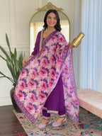 Women's Embroidered  Purple Viscose Slub Kurta Set with Floral Dupatta, V-Neck, 3/4 Sleeve, Regular Fit