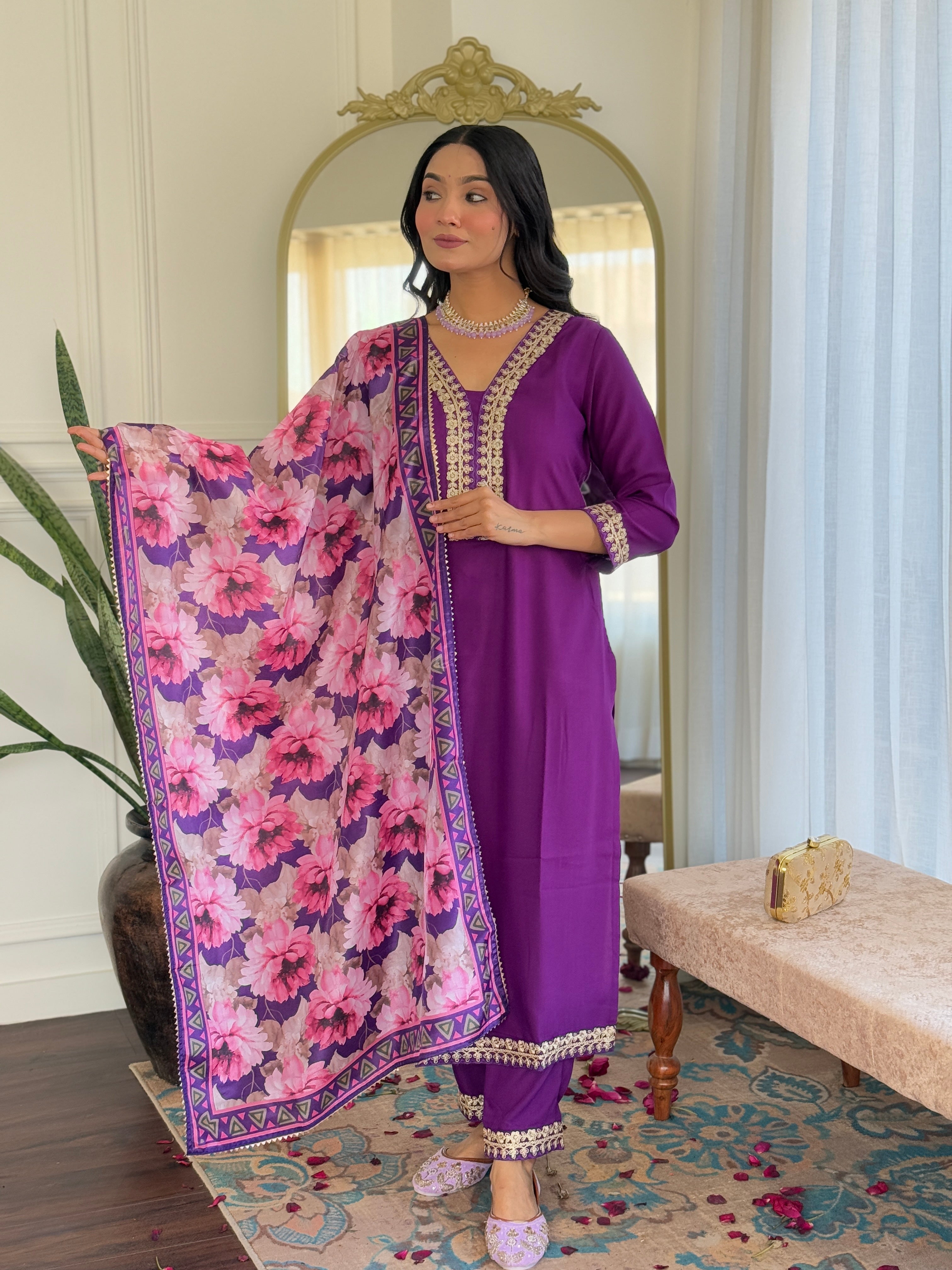 Women's Embroidered  Purple Viscose Slub Kurta Set with Floral Dupatta, V-Neck, 3/4 Sleeve, Regular Fit