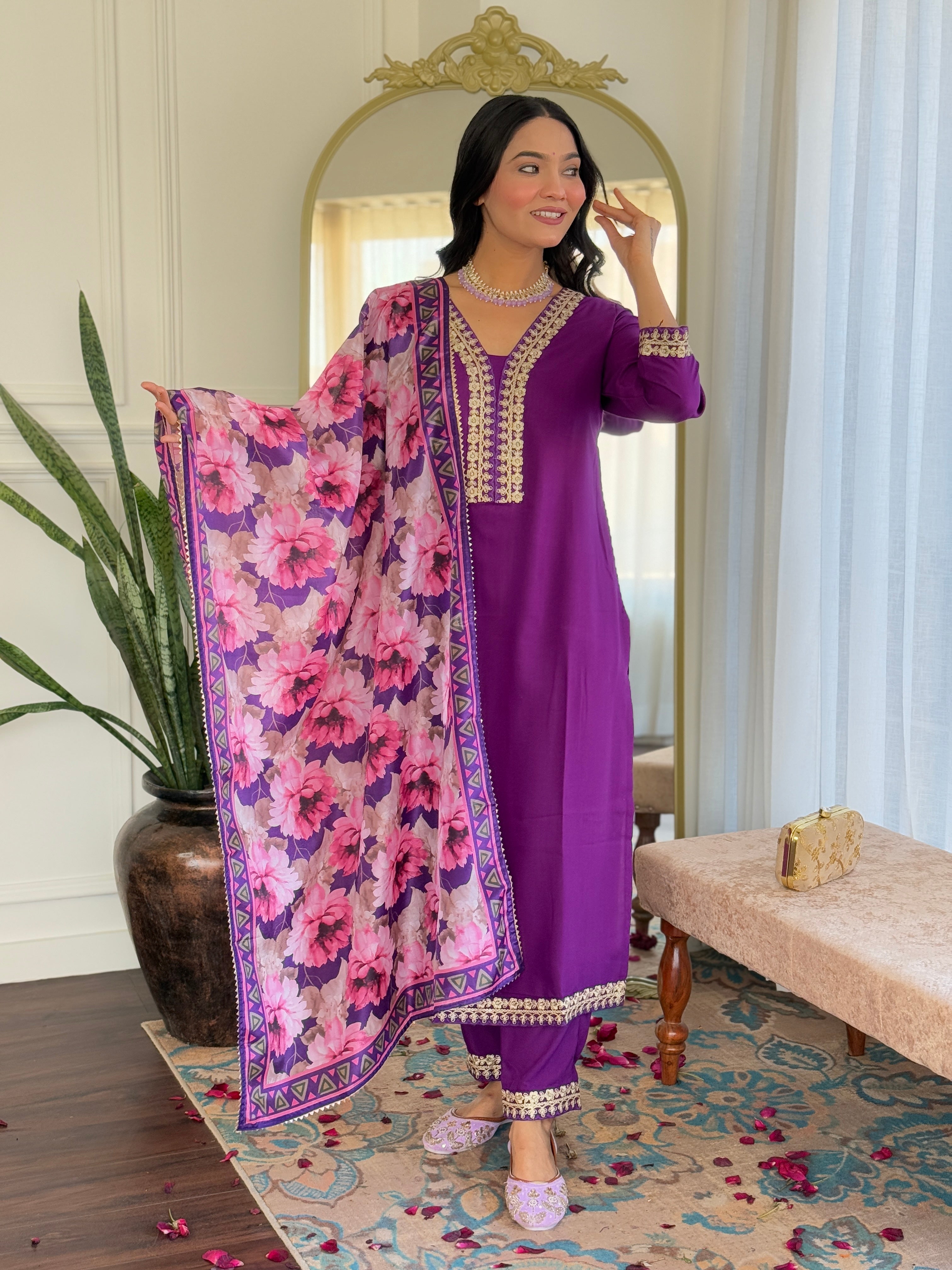 Women's Embroidered  Purple Viscose Slub Kurta Set with Floral Dupatta, V-Neck, 3/4 Sleeve, Regular Fit