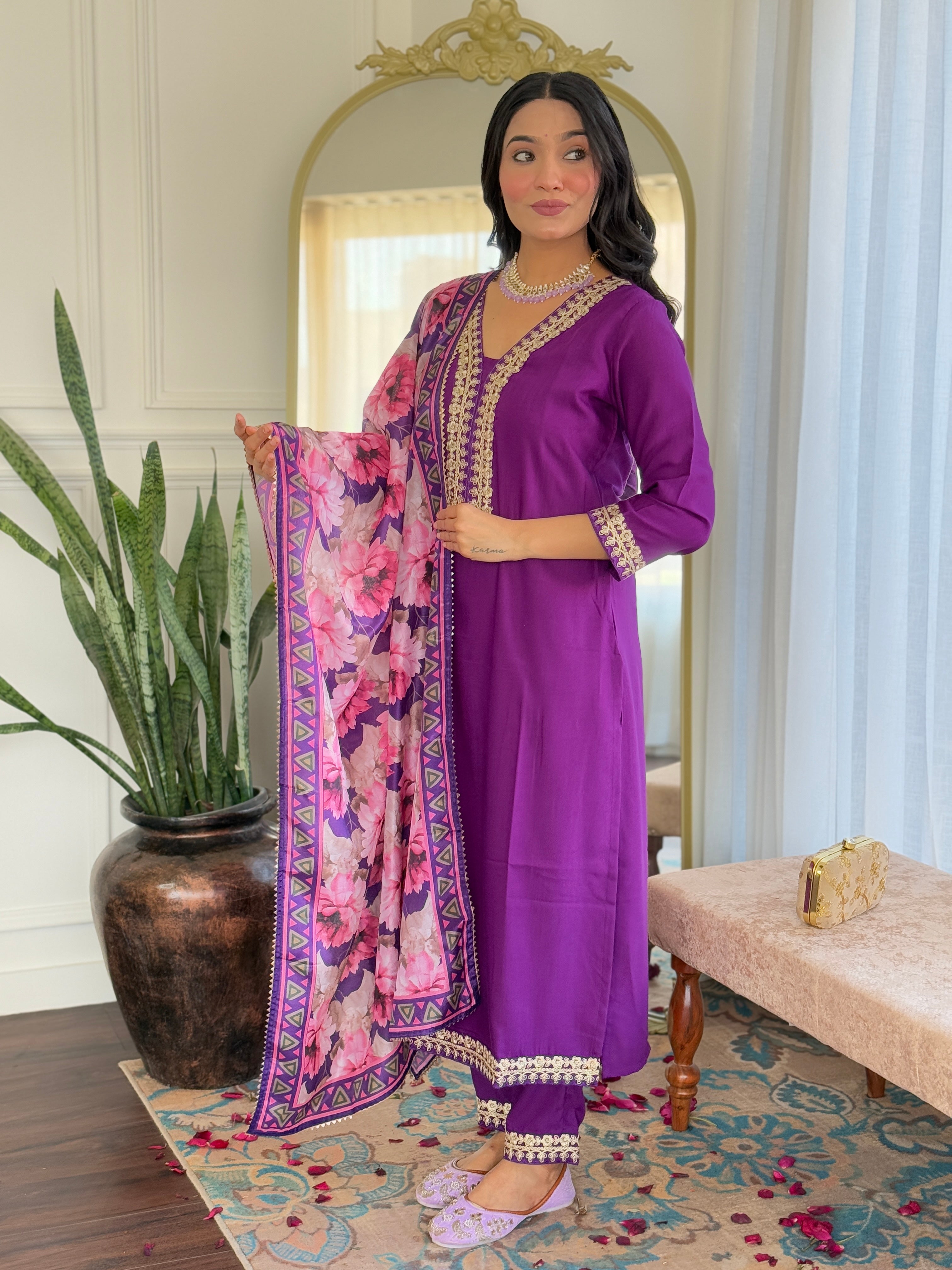 Women's Embroidered  Purple Viscose Slub Kurta Set with Floral Dupatta, V-Neck, 3/4 Sleeve, Regular Fit