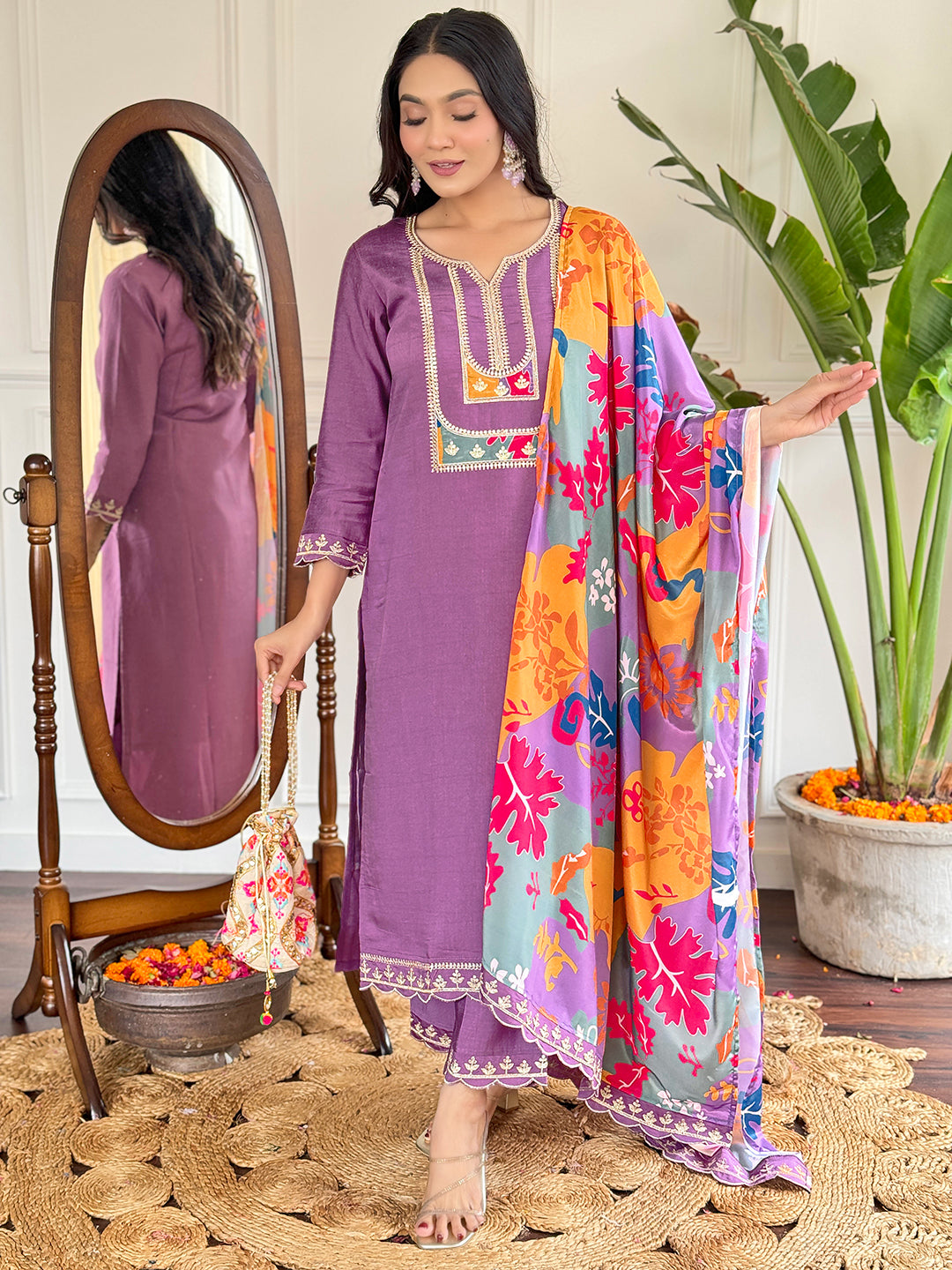 Women's Purple Embroidered Kurta Set with Dupatta, Purple, 3/4 Sleeve, Sweetheart Neck