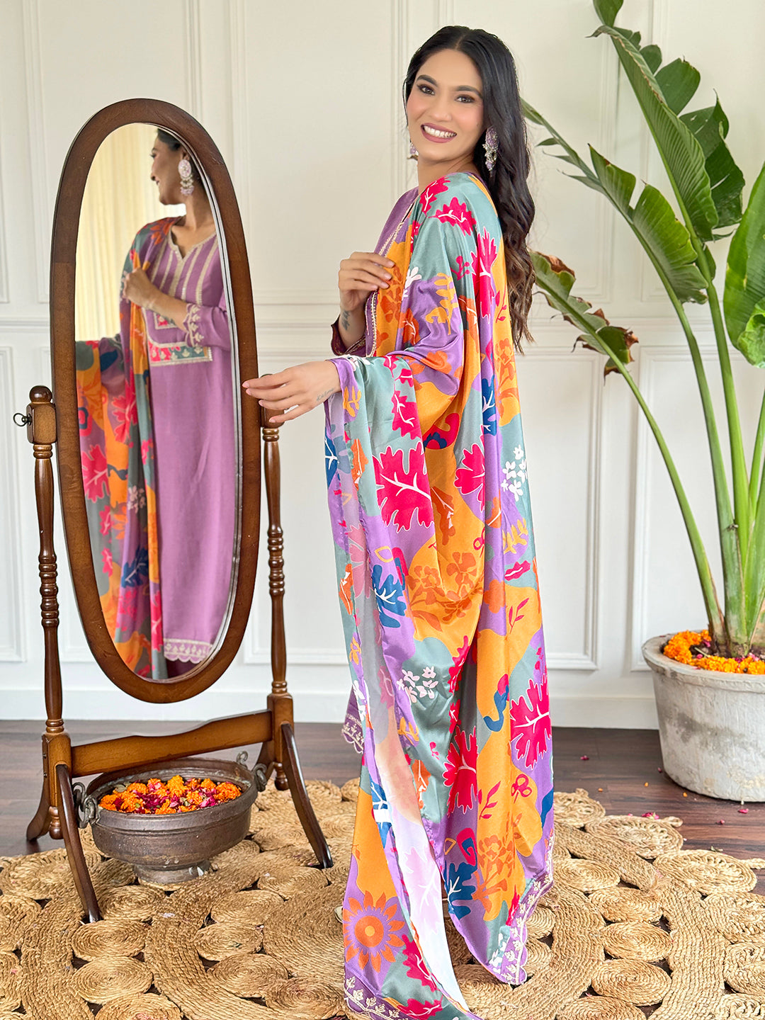 Women's Purple Embroidered Kurta Set with Dupatta, Purple, 3/4 Sleeve, Sweetheart Neck
