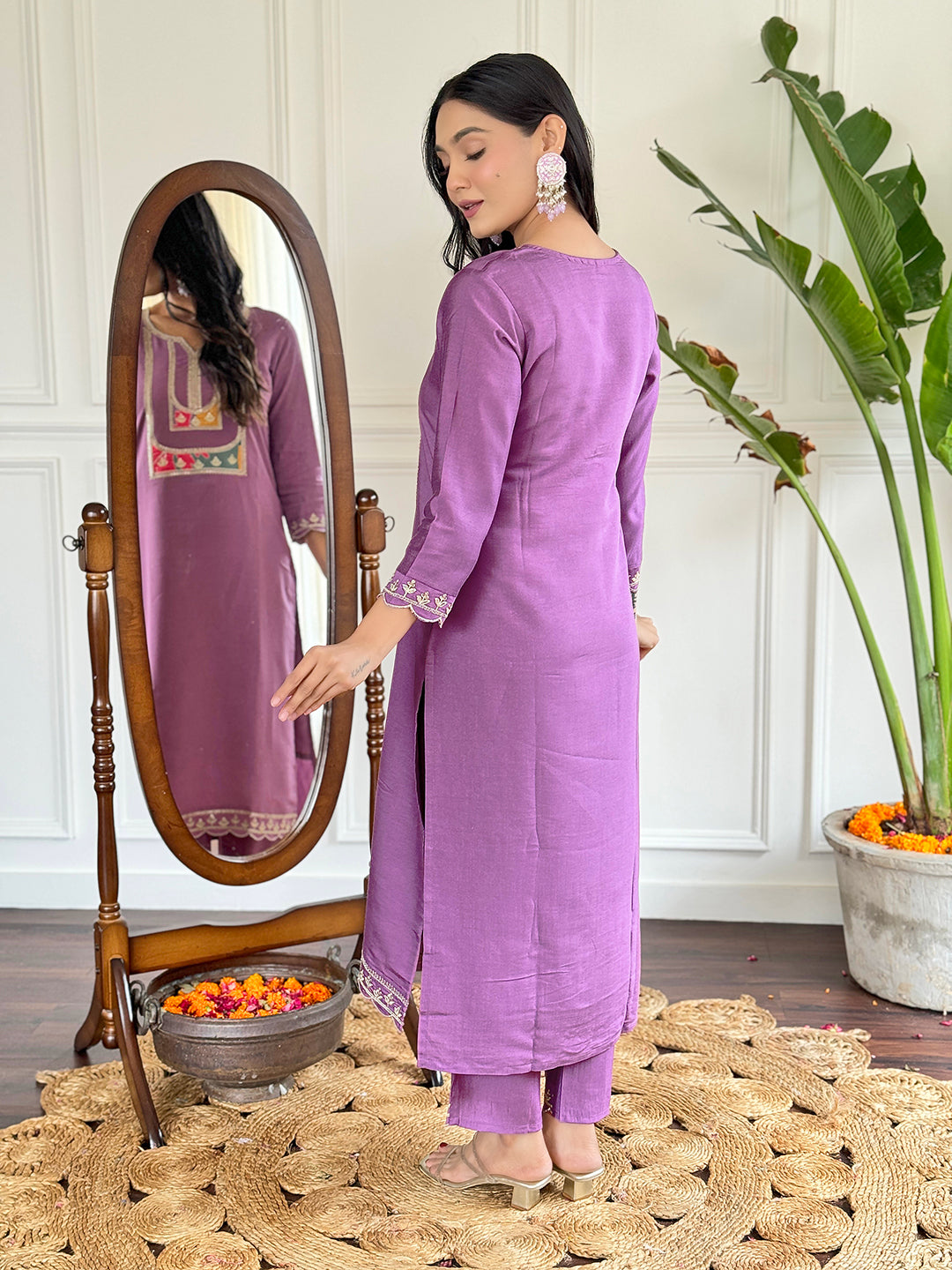 Women's Purple Embroidered Kurta Set with Dupatta, Purple, 3/4 Sleeve, Sweetheart Neck