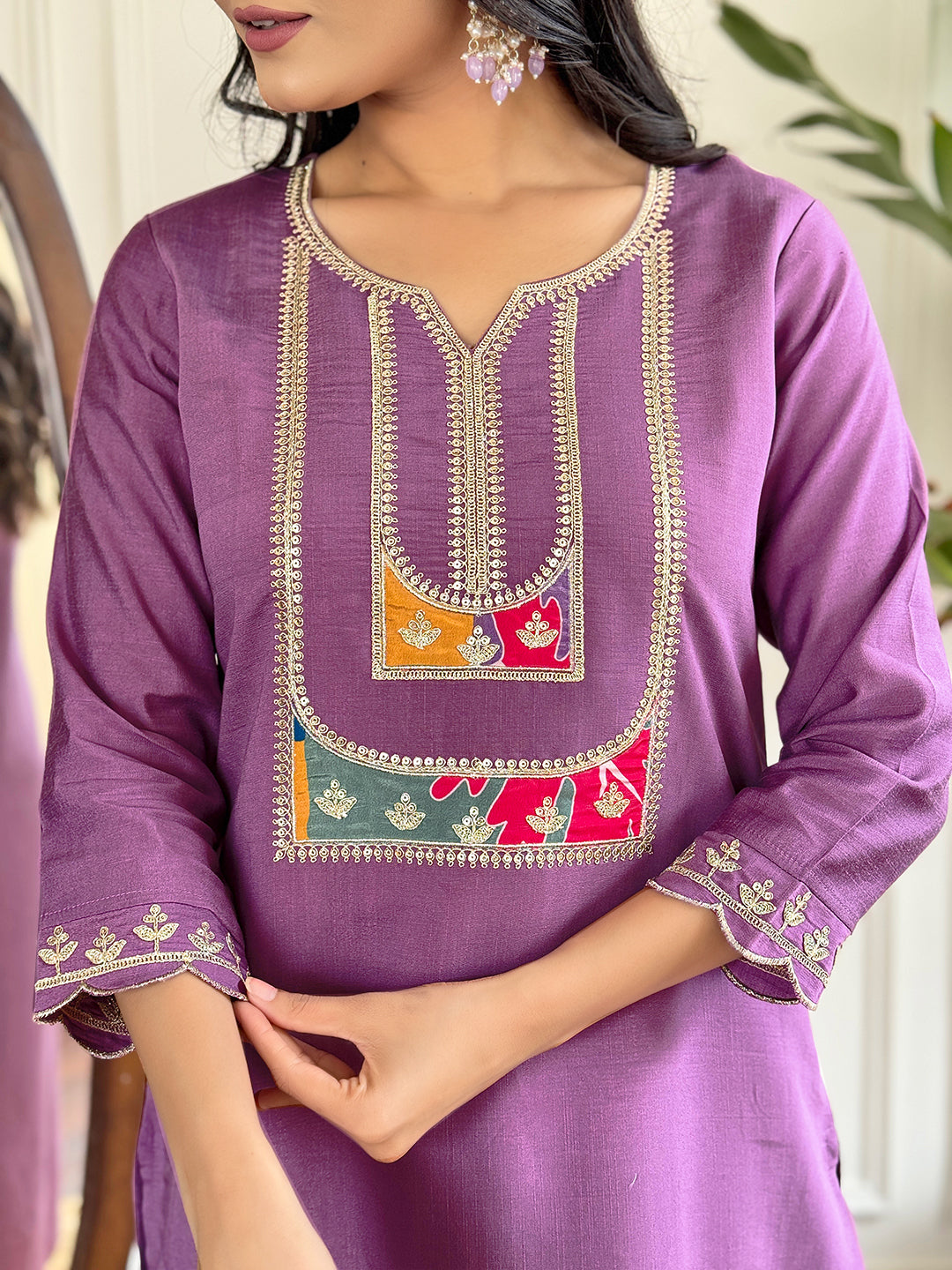 Women's Purple Embroidered Kurta Set with Dupatta, Purple, 3/4 Sleeve, Sweetheart Neck