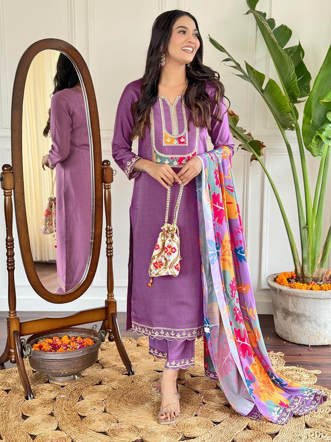 Women's Purple Embroidered Kurta Set with Dupatta, Purple, 3/4 Sleeve, Sweetheart Neck