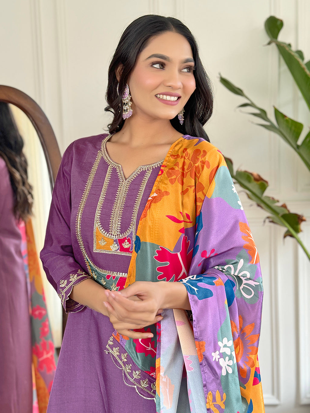 Women's Purple Embroidered Kurta Set with Dupatta, Purple, 3/4 Sleeve, Sweetheart Neck